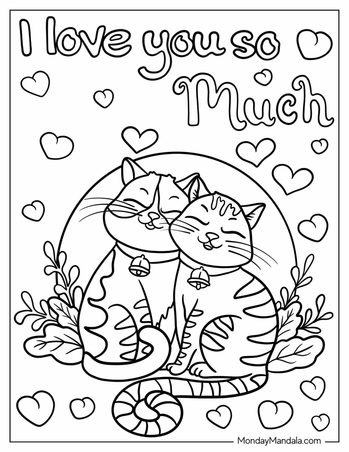 Two Tabby Cats Cuddling Coloring Sheet For Kids coloring page