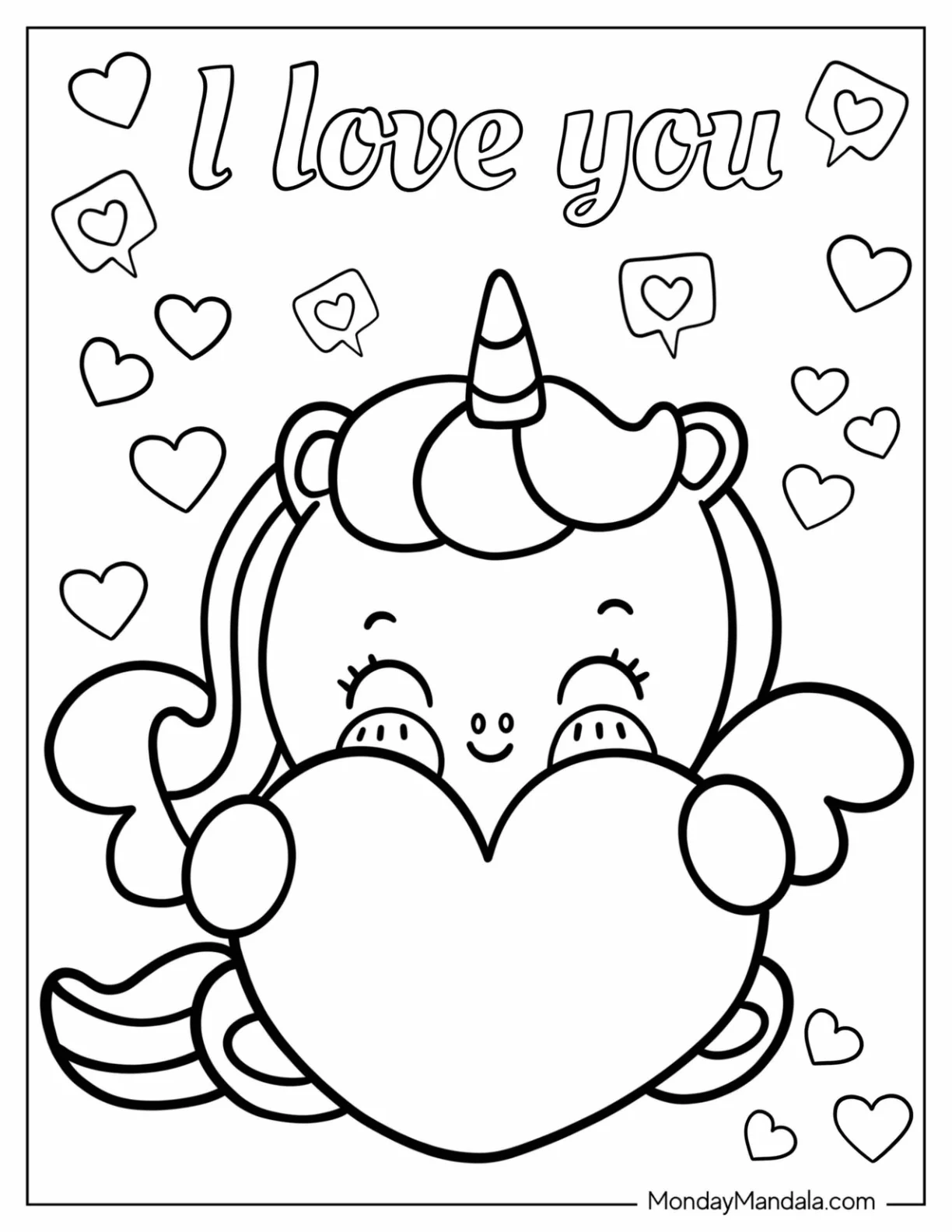 Unicorn Hugging Heart I Love You Valentine's Day Coloring Page coloring page
