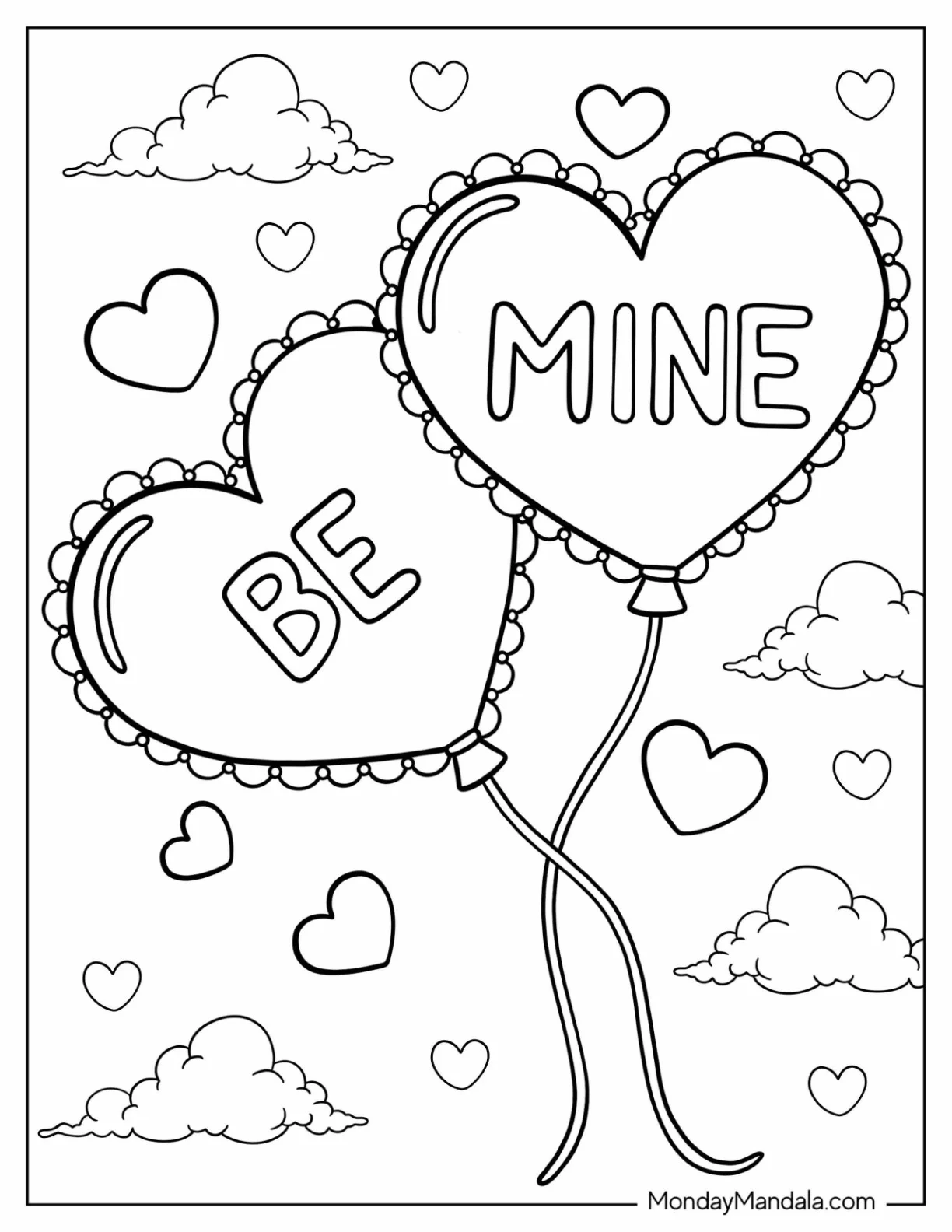 Valentine's Day Coloring Page Of Be Mine Heart Balloons In The Sky coloring page