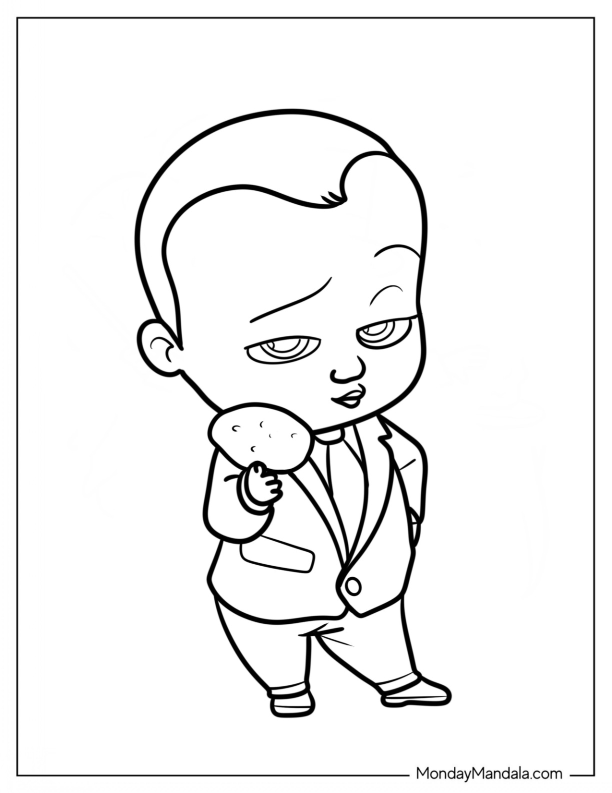 Boss Baby Coloring Page In A Suit Holding A Chocolate Chip Cookie coloring page — printable line art