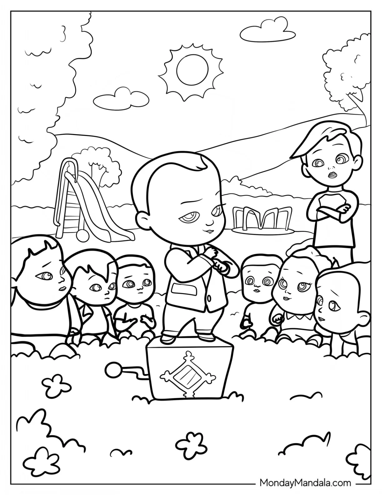 Boss Baby Coloring Page In The Playground With Other Babies coloring page — printable line art
