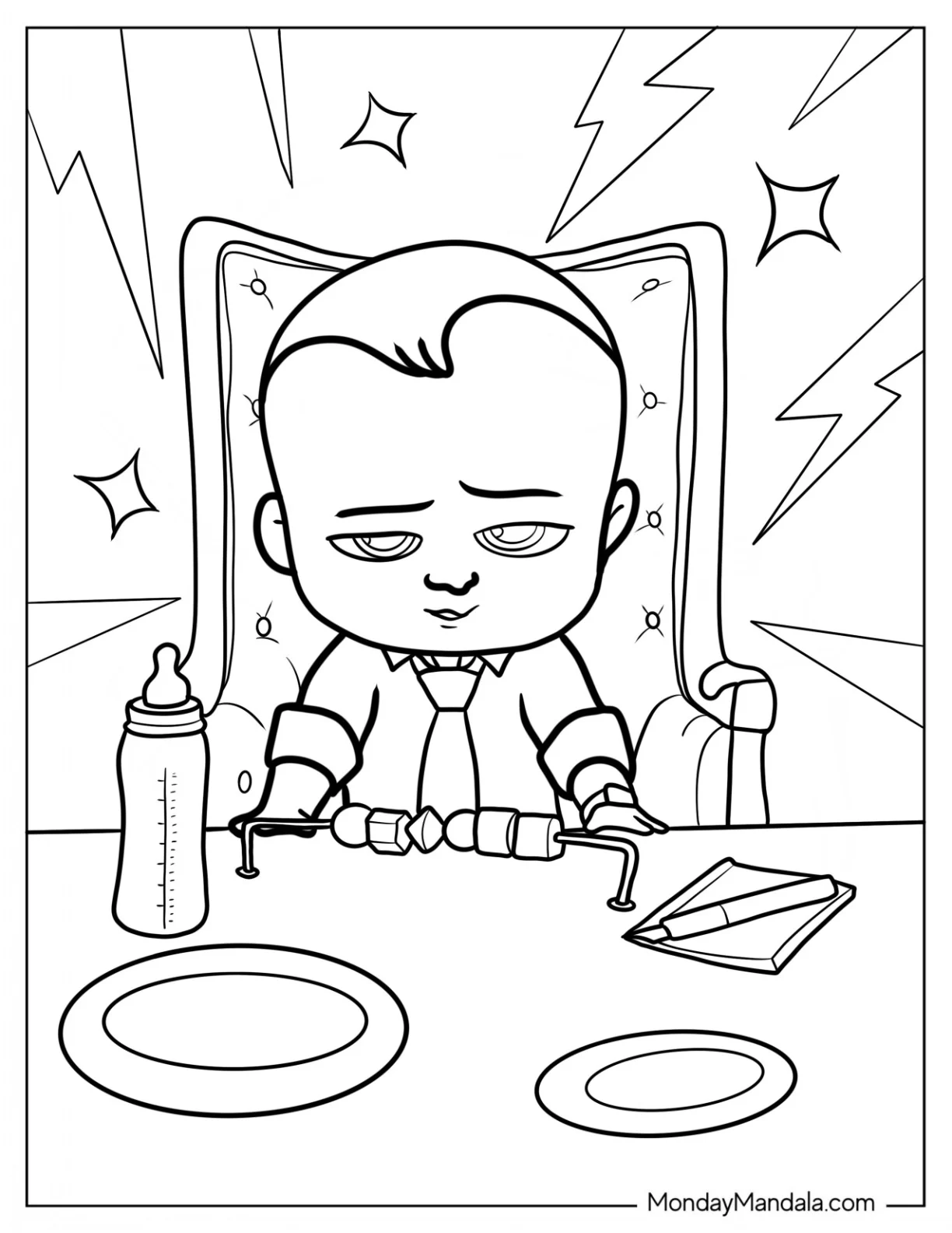 Boss Baby Coloring Page Of Ted Templeton With Milk Bottle, Pen, And Toys coloring page