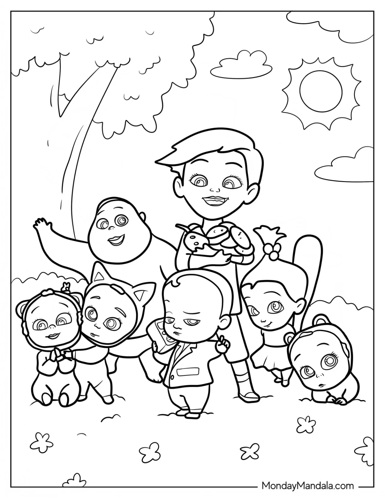 Boss Baby Coloring Page Of Ted With Tim, Staci, Jimbo, And The Triplets coloring page