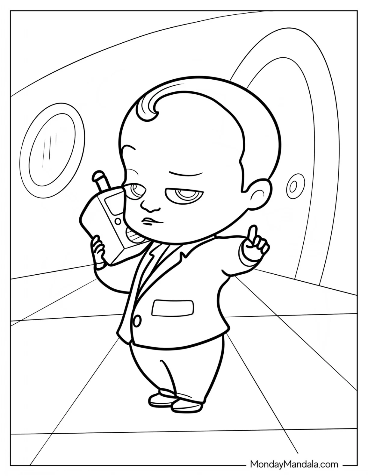 Cute Boss Baby Coloring Page Holding A Radio For Kids coloring page