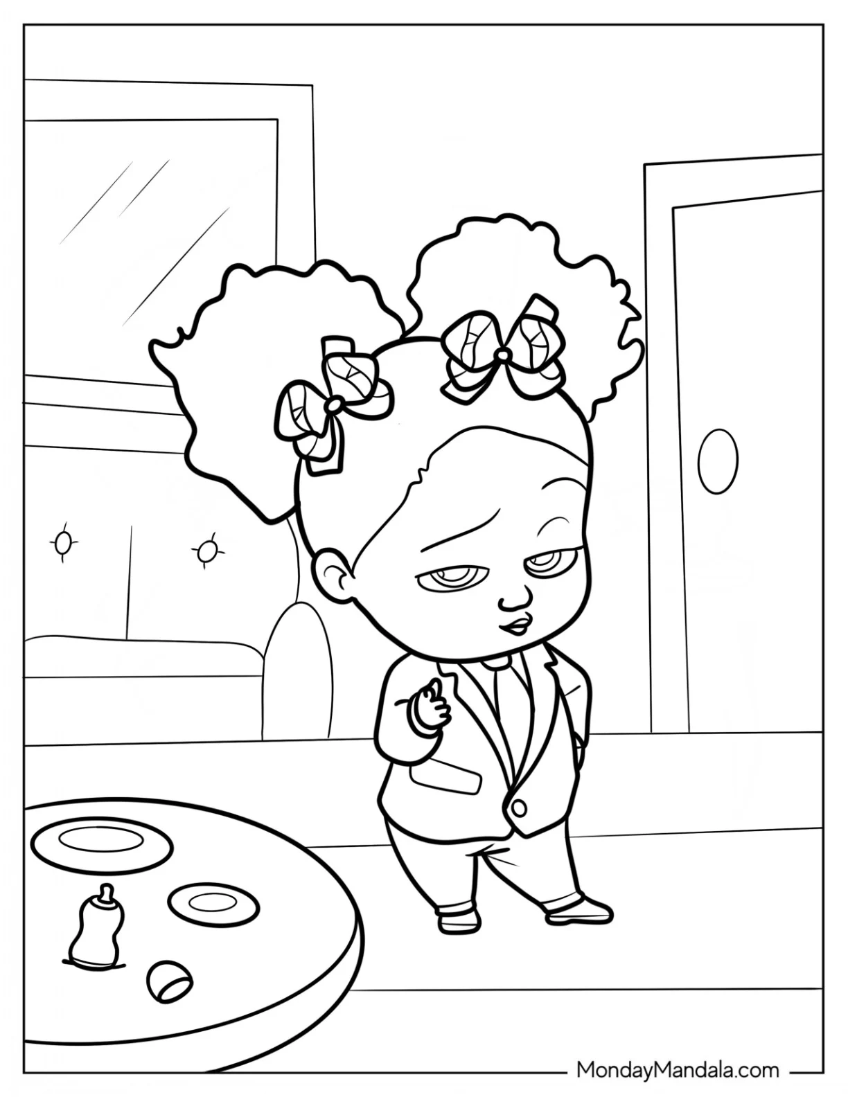 Kawaii African American Girl Boss Baby Coloring Page For Preschoolers coloring page