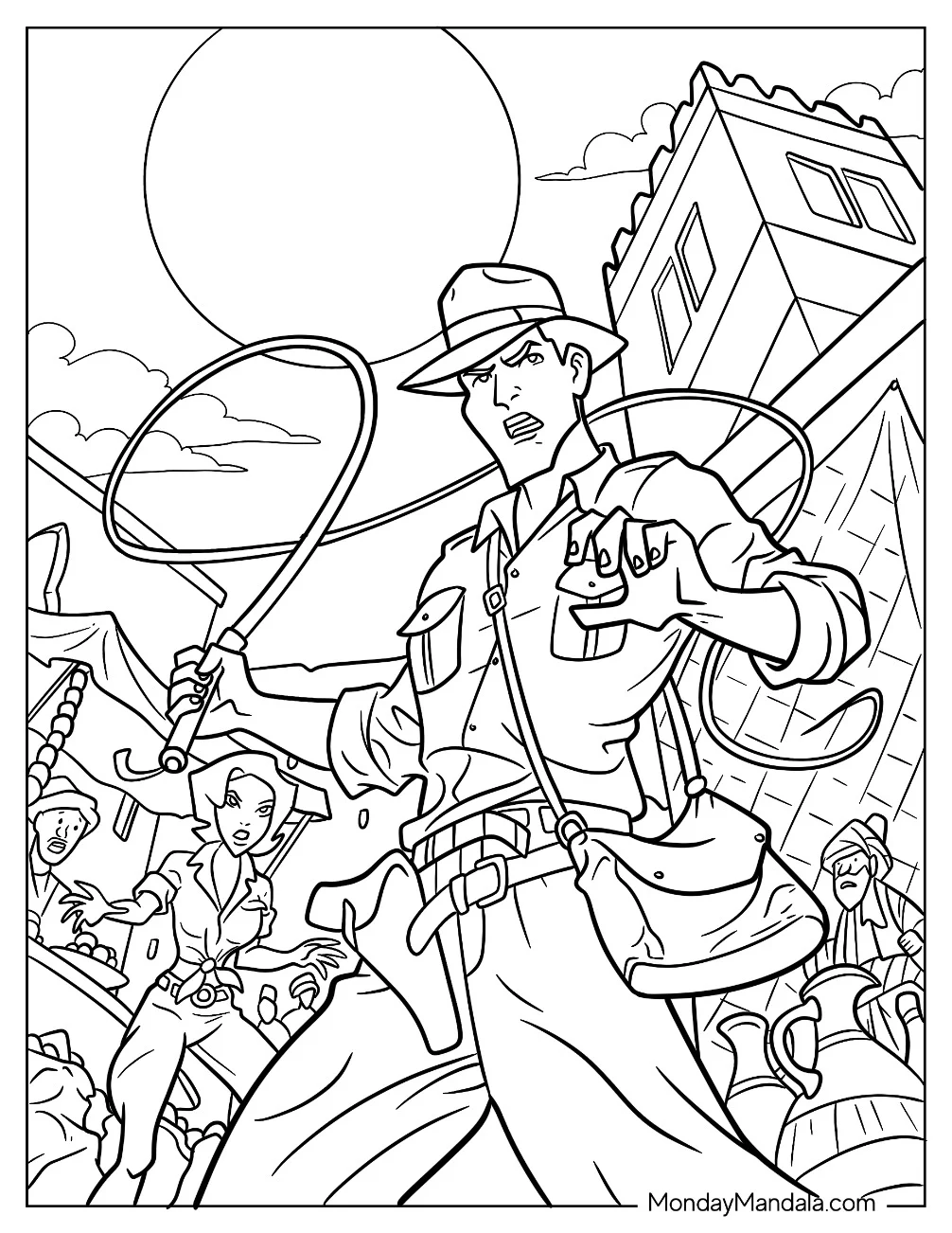 Cartoon Indiana Jones Coloring Page Fighting With A Whip For Kids coloring page