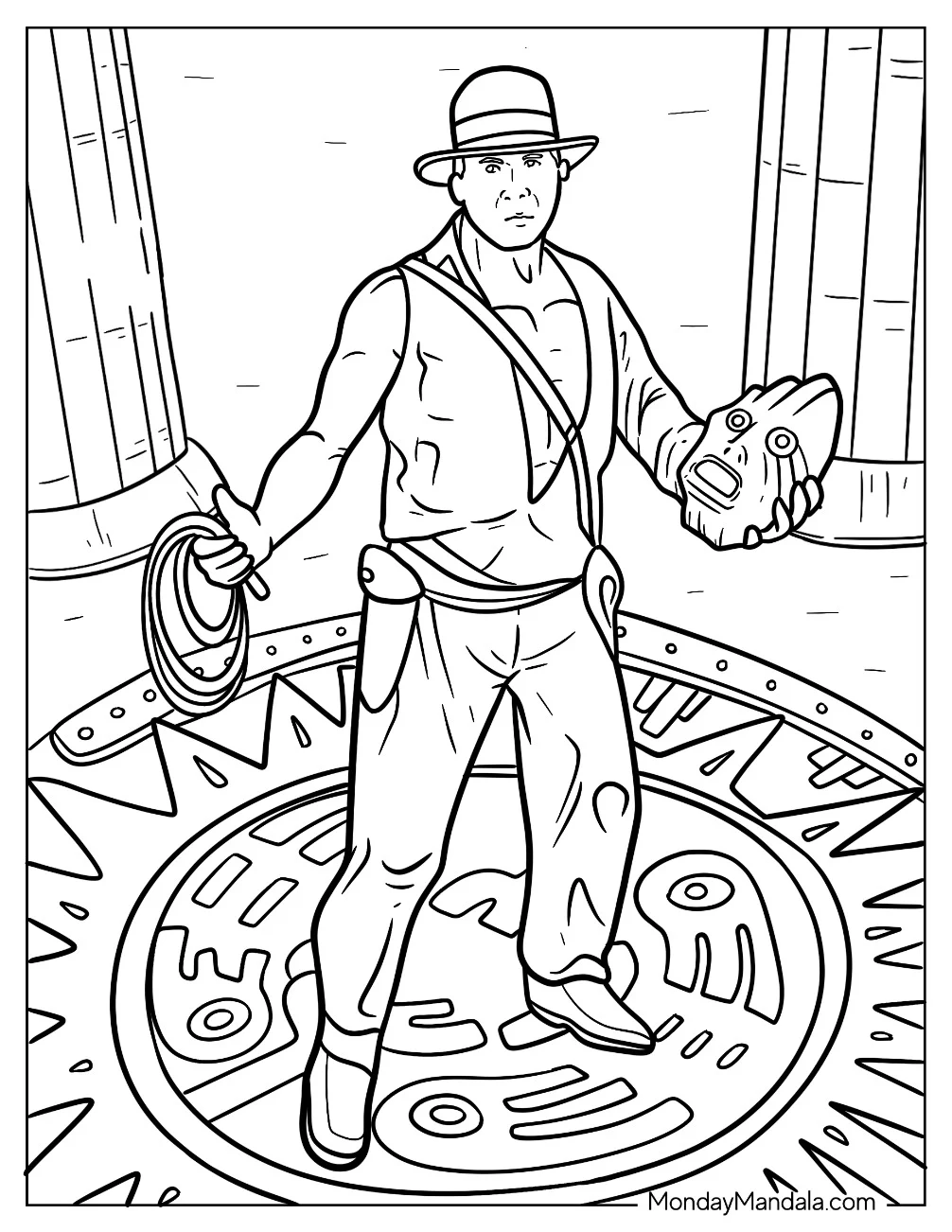 Easy Indiana Jones Coloring Page Outline Holding Artifact And Whip coloring page