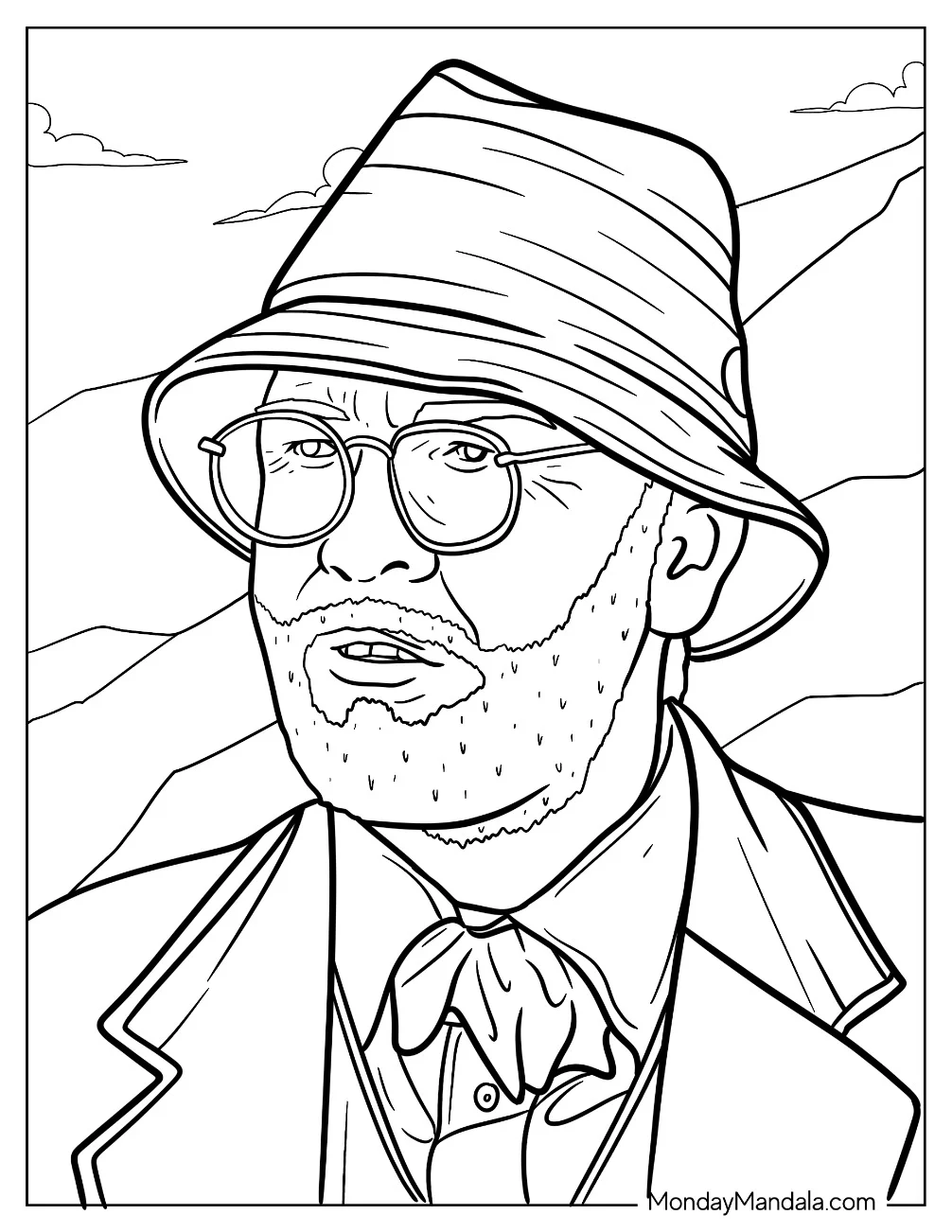 Indiana Jones Coloring Page In A Bucket Hat And Glasses coloring page
