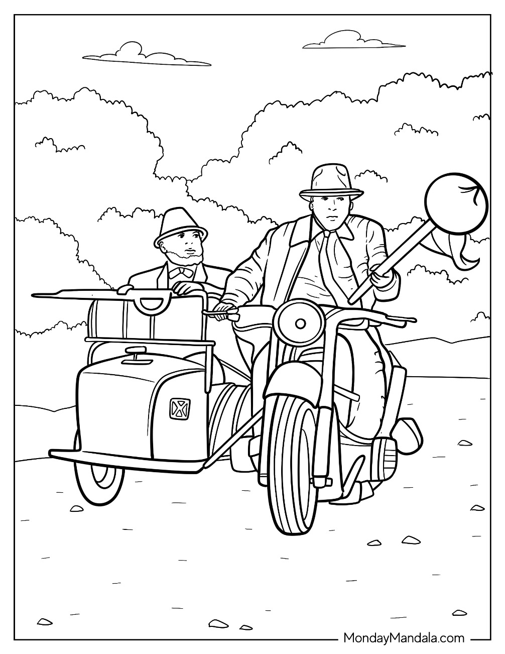 Indiana Jones Coloring Page On A Motorcycle With Sidecar coloring page