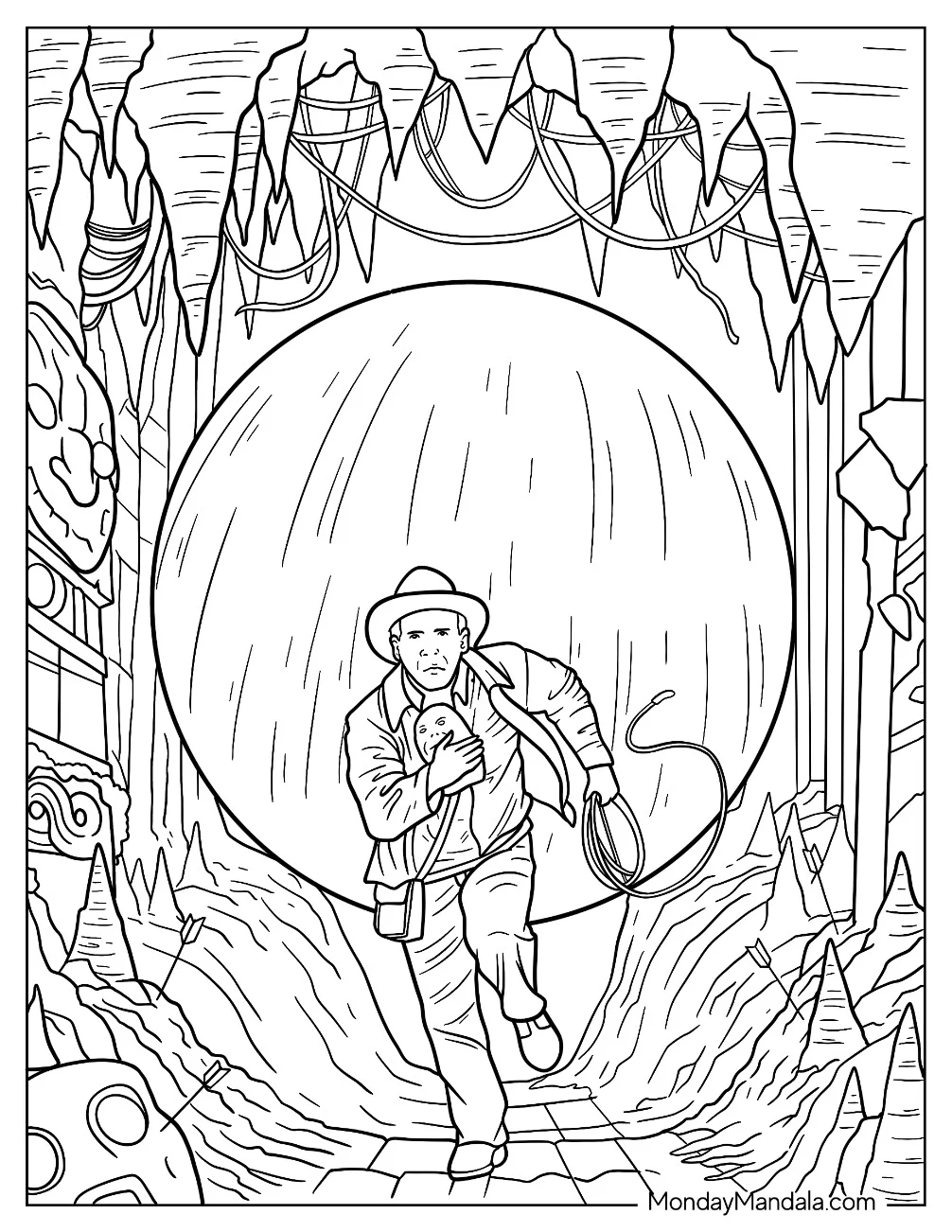 Indiana Jones Coloring Page Running Away From Boulder With Crystal Skull coloring page