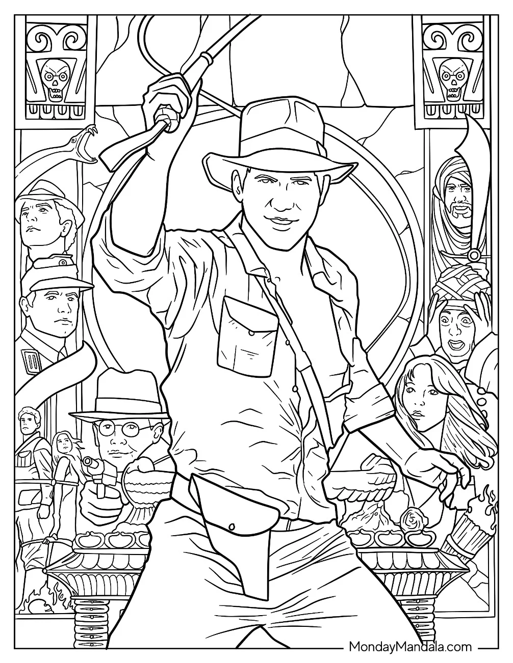 Realistic Indiana Jones Coloring Page Holding Up Bullwhip coloring page