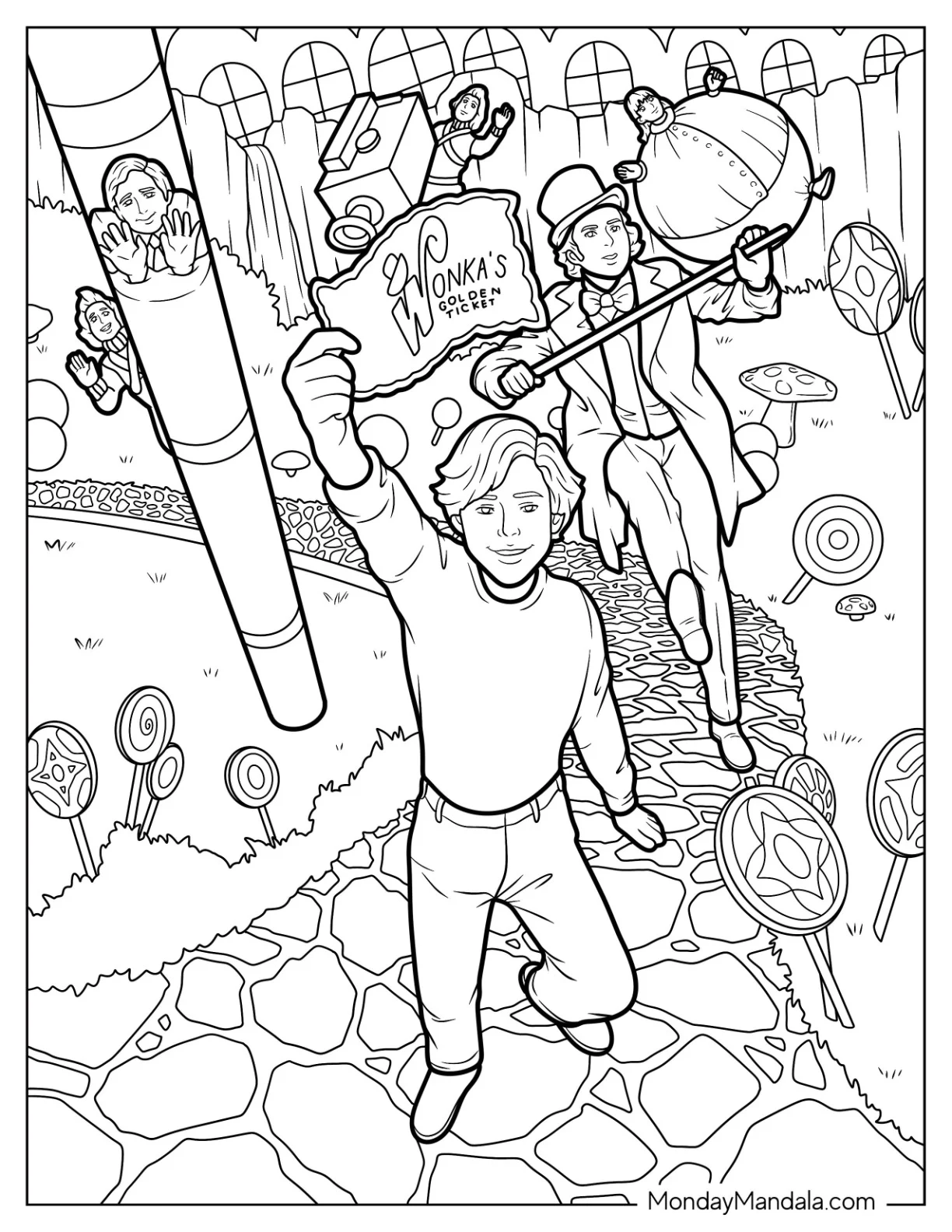 Charlie Holding Out Golden Ticket With Willy Wonka Coloring Page In The Factory coloring page