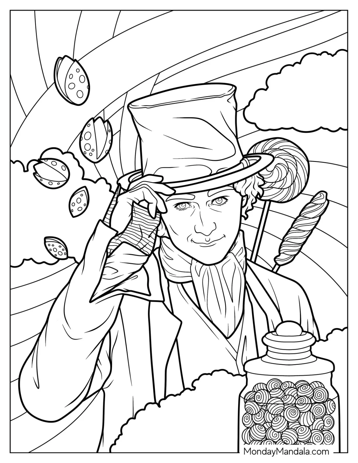 Realistic Willy Wonka Coloring Page Surrounded By Candies coloring page