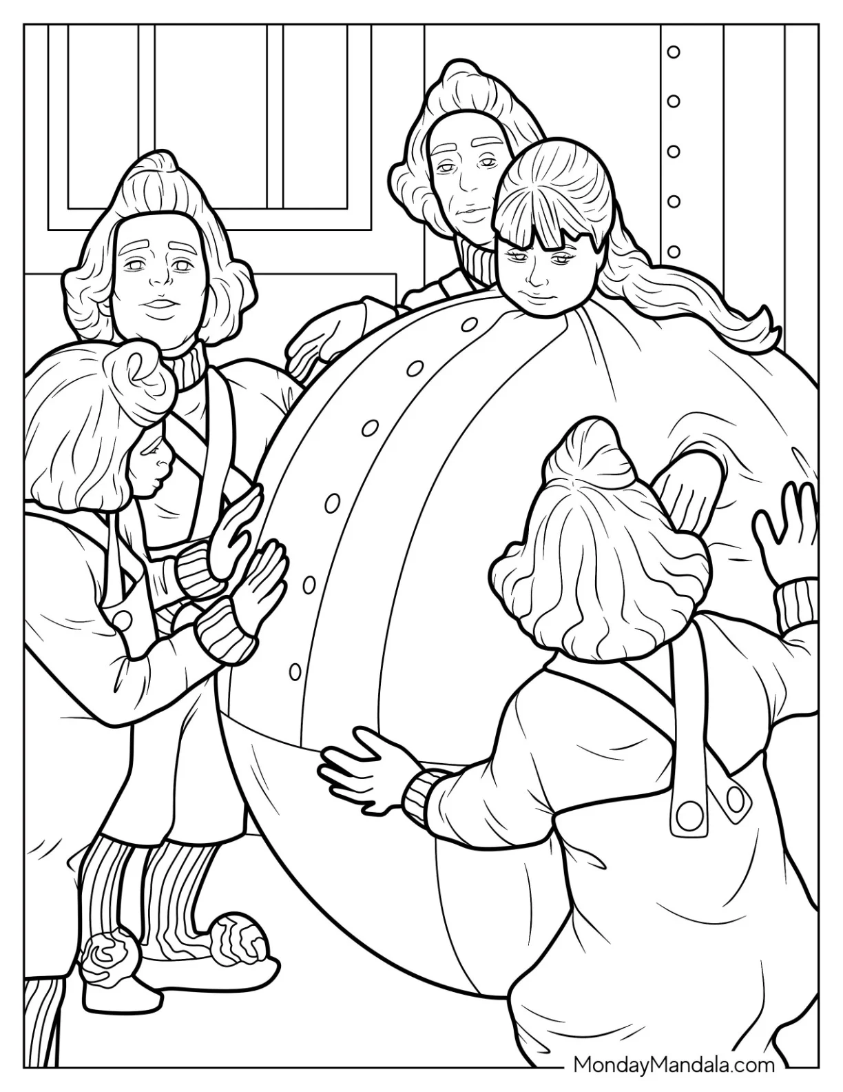 Willy Wonka Coloring Page Of Violet Beauregarde Surrounded By Oompa Loompas coloring page