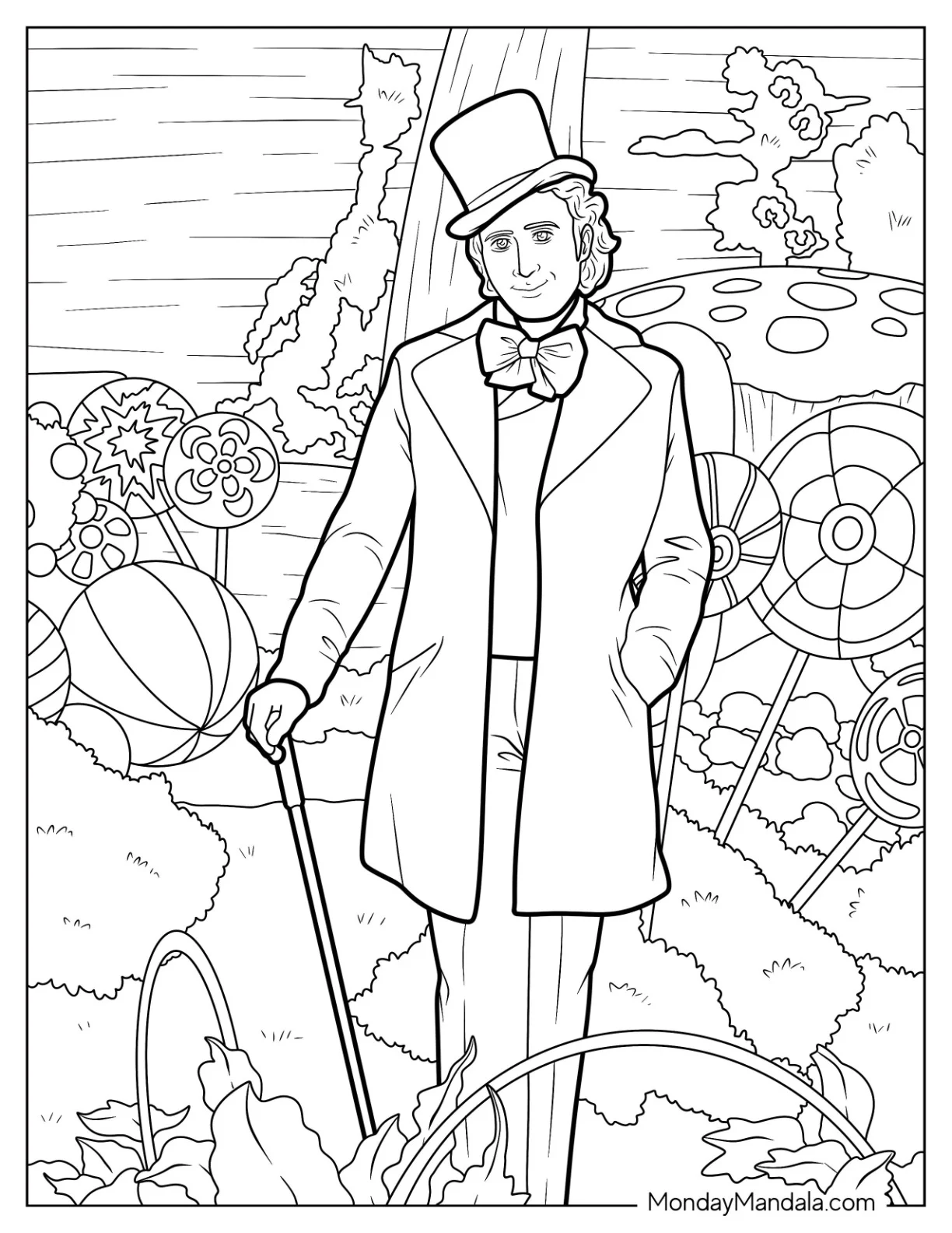 Willy Wonka Coloring Page Standing In Garden With Lollipops coloring page