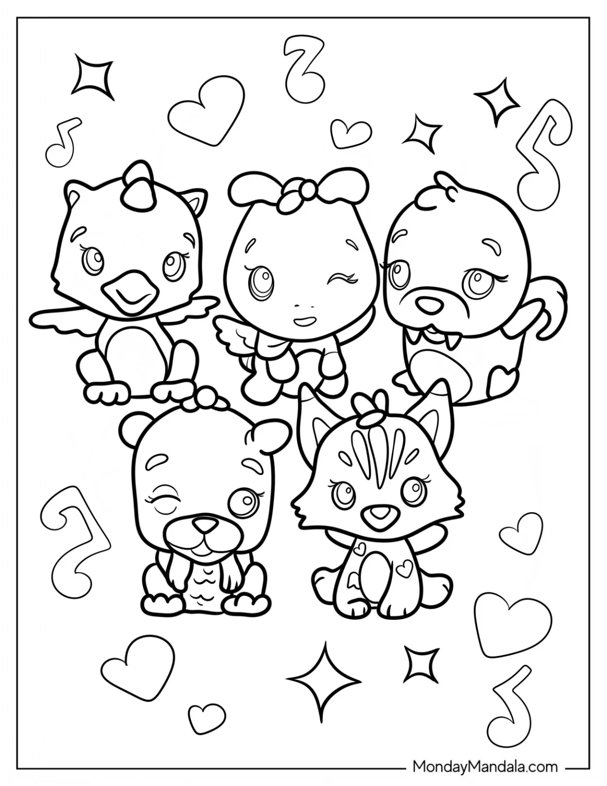 Hatchimals Coloring Page Pegasus, Bee, Seal, Dog, And Cat coloring page