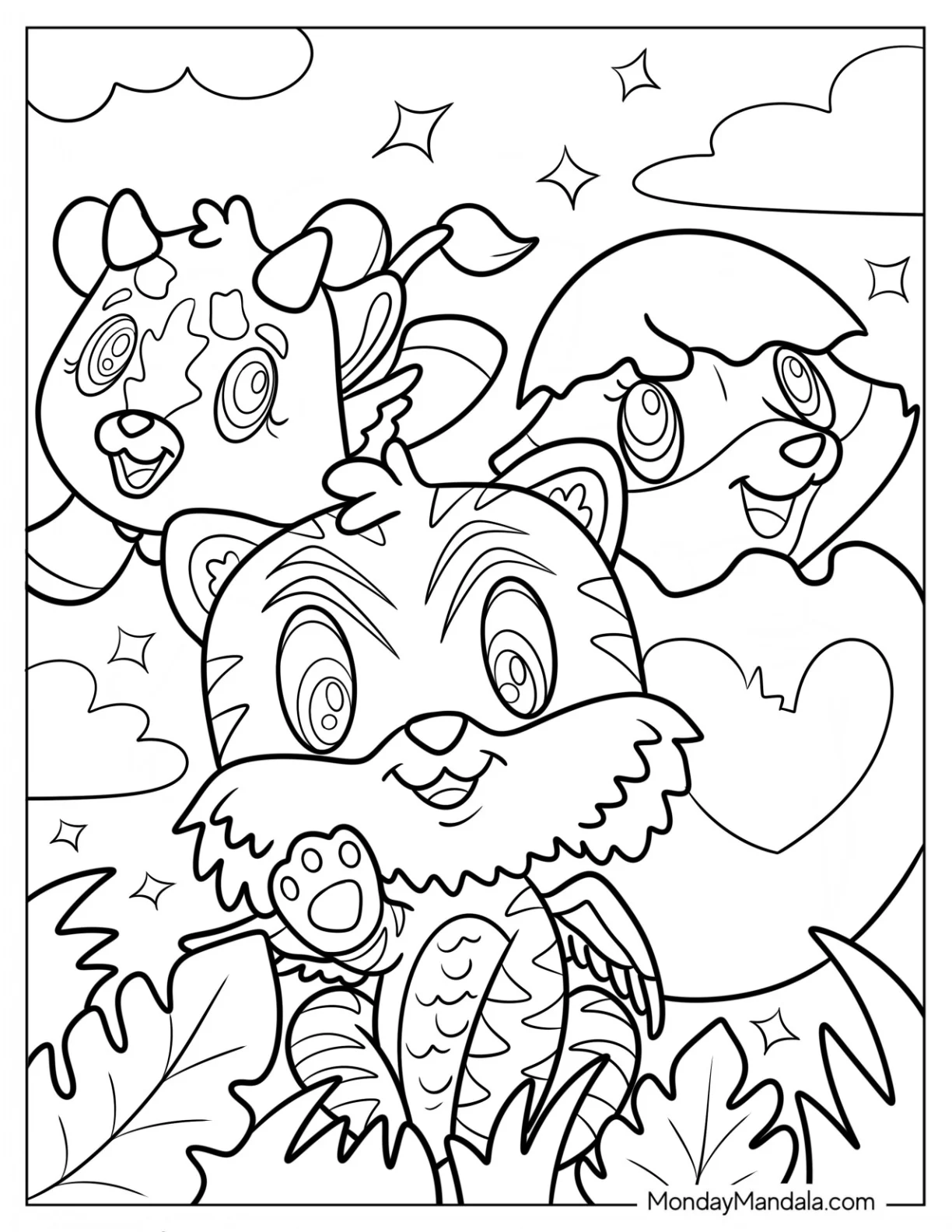 Smiling Cow, Tiger, And Fox Hatchimals Coloring Page For Kids coloring page
