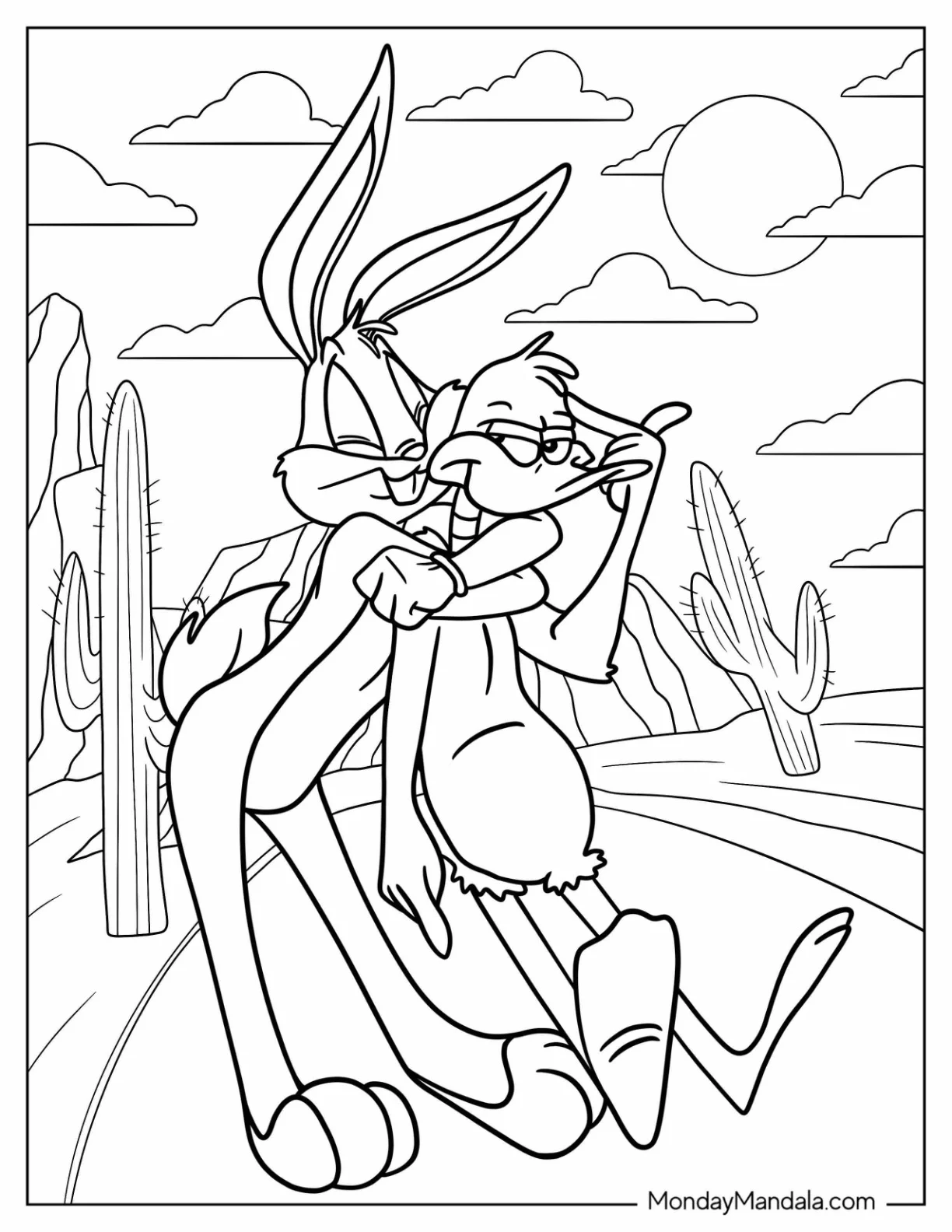 Bugs Bunny Coloring Page Hugging Daffy Duck In Desert coloring page