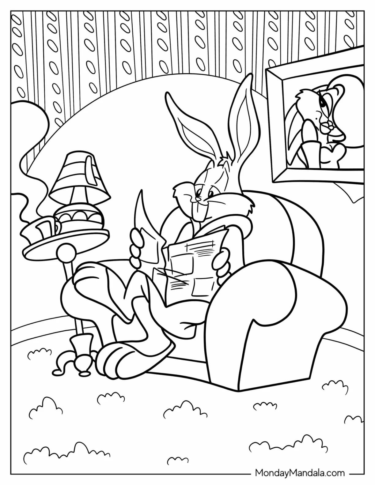 Bugs Bunny Coloring Page In Robe Reading Newspaper In Living Room coloring page — printable line art
