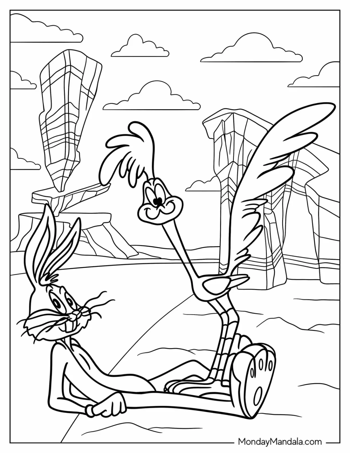 Bugs Bunny Coloring Page In The Desert With Road Runner coloring page
