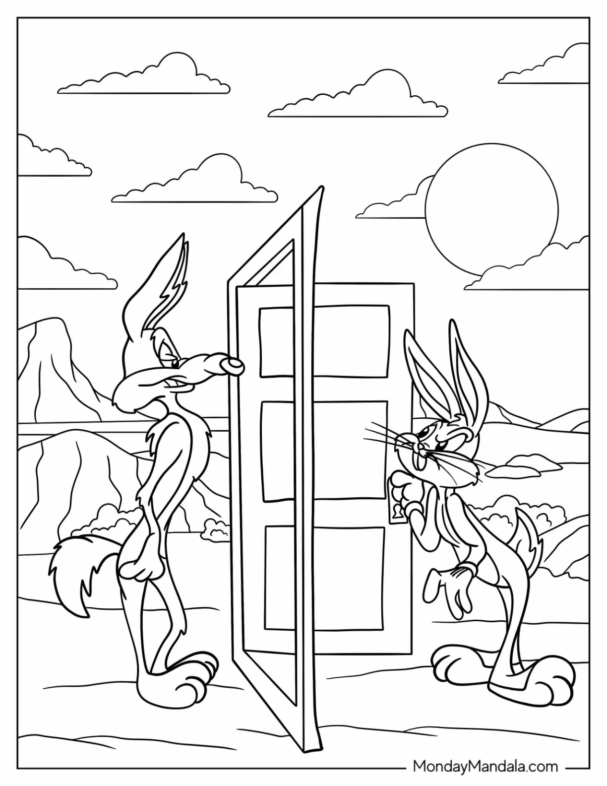 Bugs Bunny Coloring Page Opening Door For Wile E. Coyote coloring page — printable line art