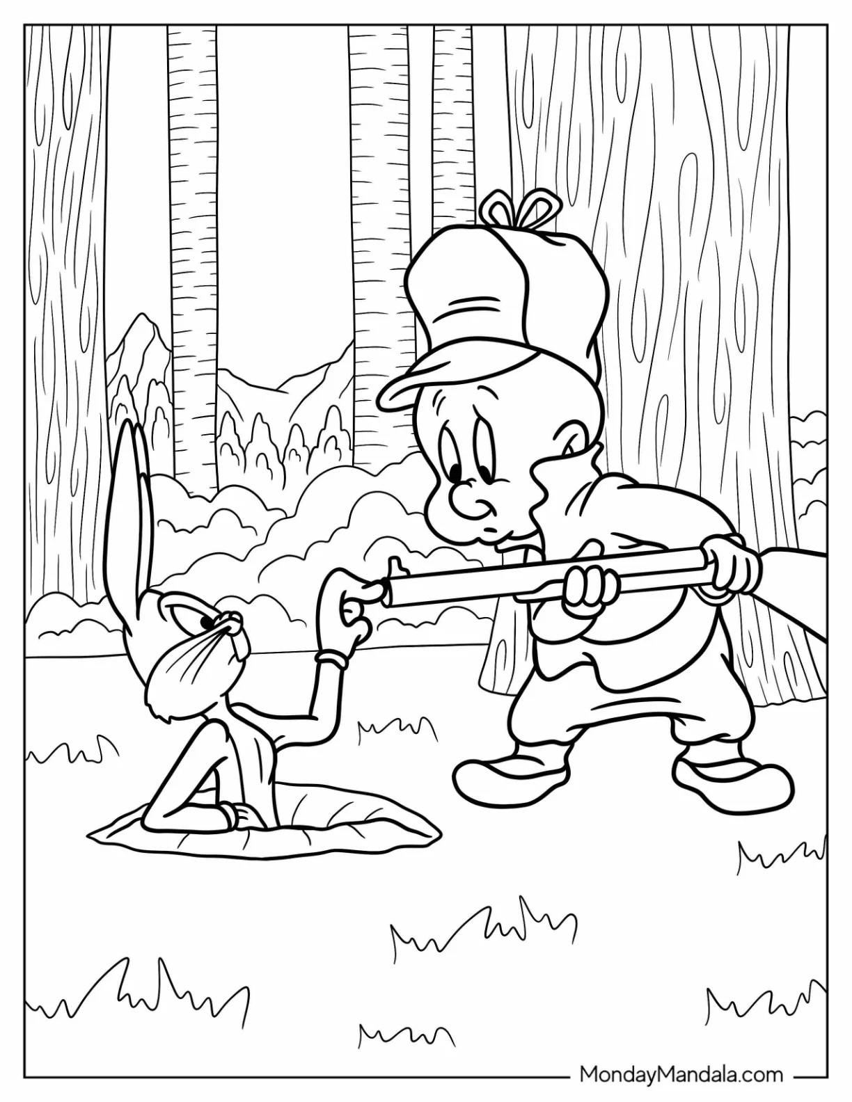 Bugs Bunny Coloring Page Putting Finger In Elmer Fudd s Rifle coloring page