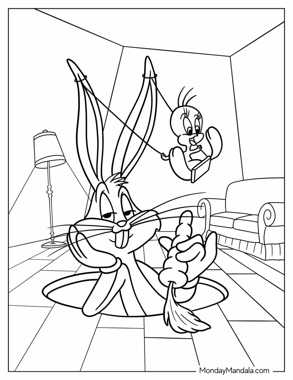 Tweety Bird Riding Swing On Bugs Bunny Coloring Page Ears coloring page