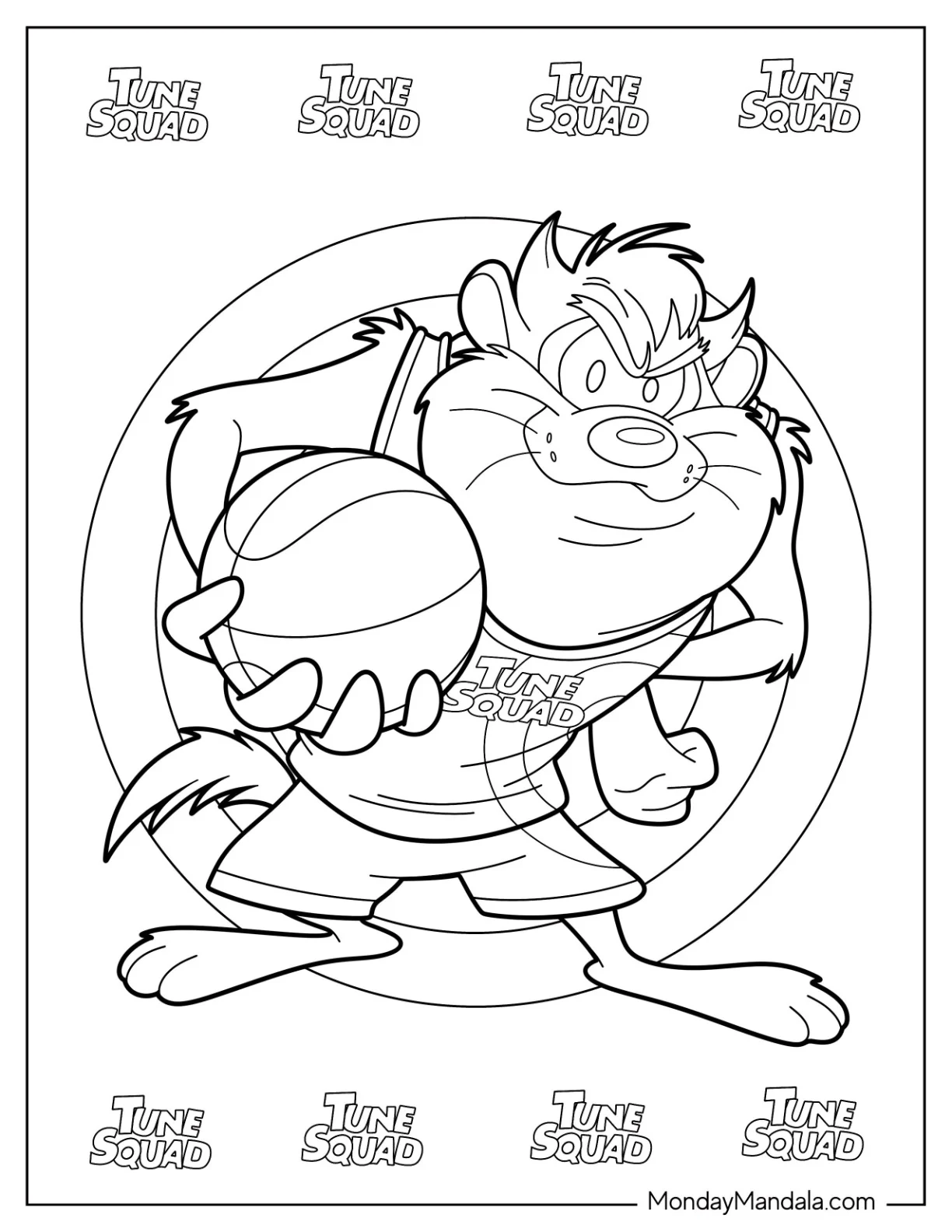 Easy Outline Of Tasmanian Devil Holding Basketball Space Jam Coloring Page coloring page