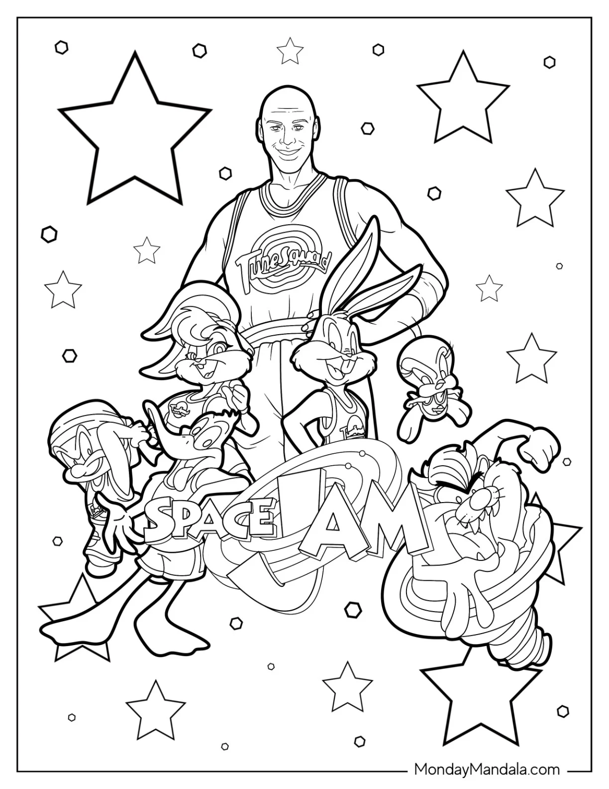 Space Jam Michael Jordan, Bugs Bunny, Lola Bunny, Tasmanian Devil, Daffy Duck, Tweety, And Elmer Fudd coloring page