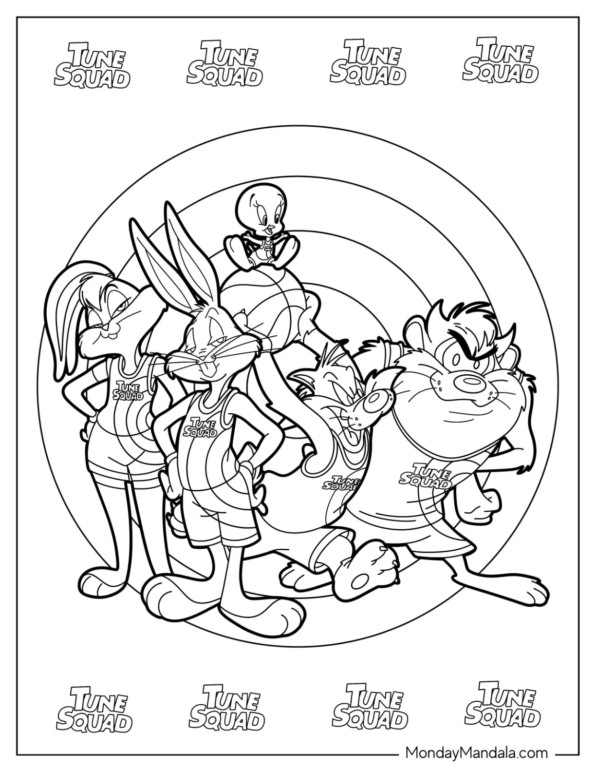 Space Jam Tune Squad Lola Bunny, Bugs Bunny, Tweety, Sylvester, And Tasmanian Devil coloring page