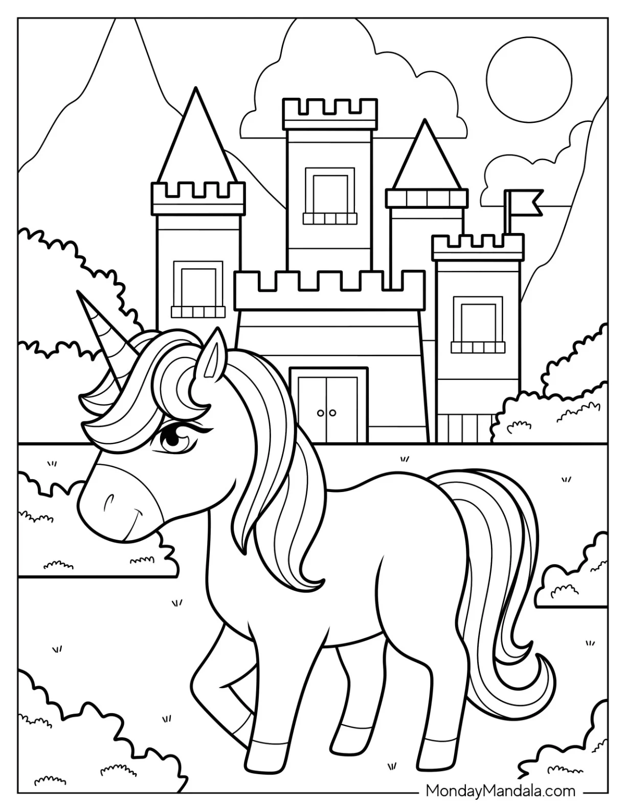 Beautiful Unicorn Standing Outside Of A Castle Coloring Page coloring page