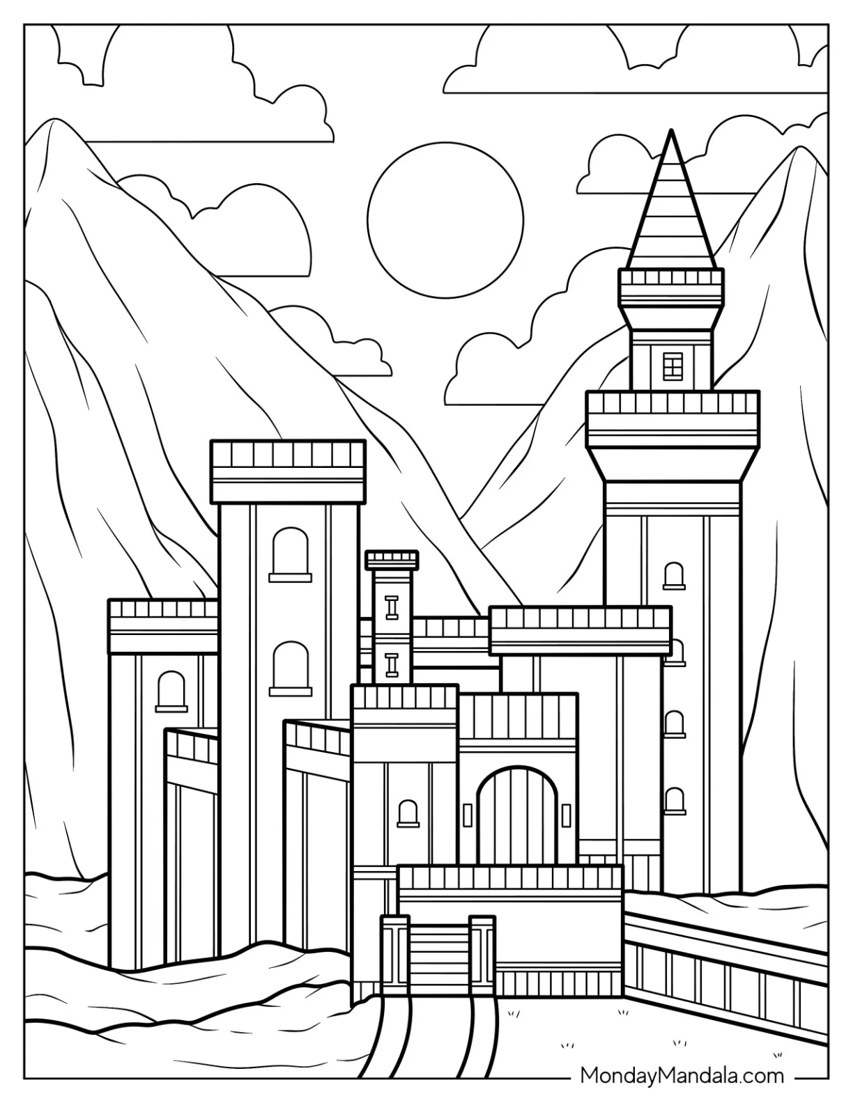 Castle Coloring Page In The Mountains coloring page — printable line art