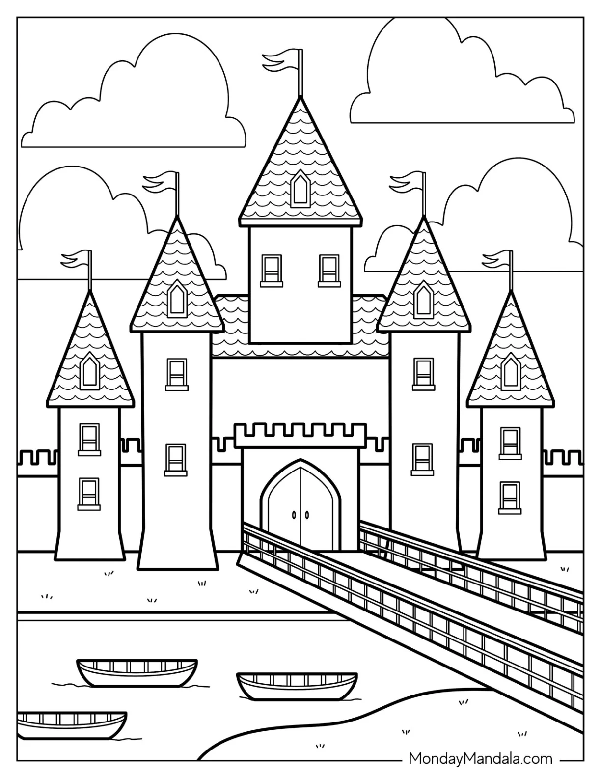 Castle Coloring Page With Bridge Over A River coloring page