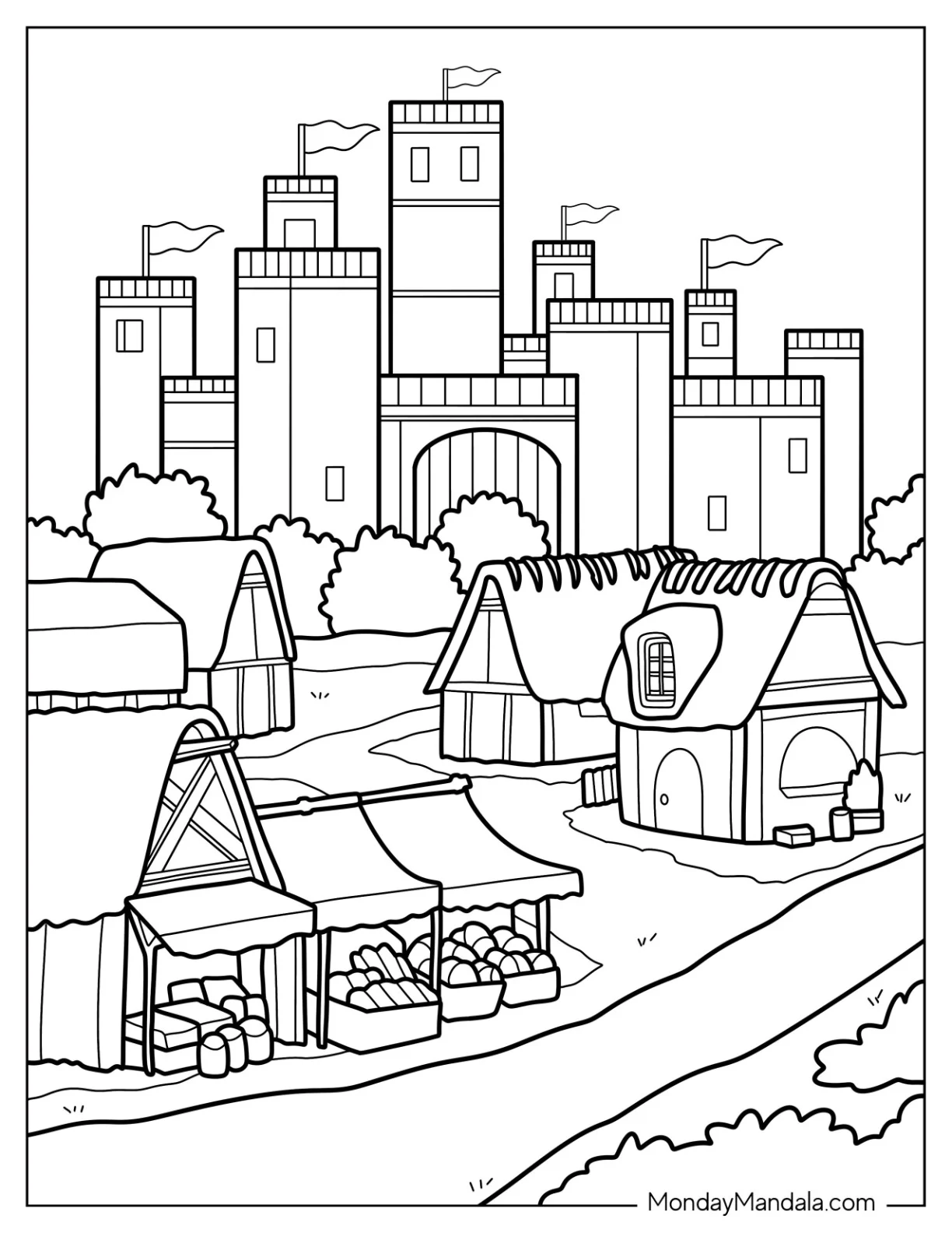Castle Coloring Page With Flags In A Village For Kids coloring page — printable line art