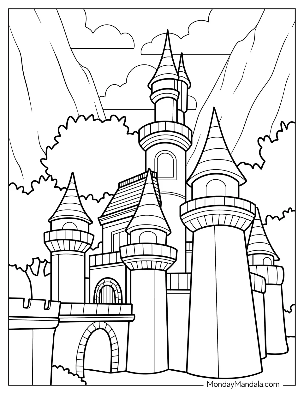 Castle Coloring Page With Moat In The Mountains coloring page