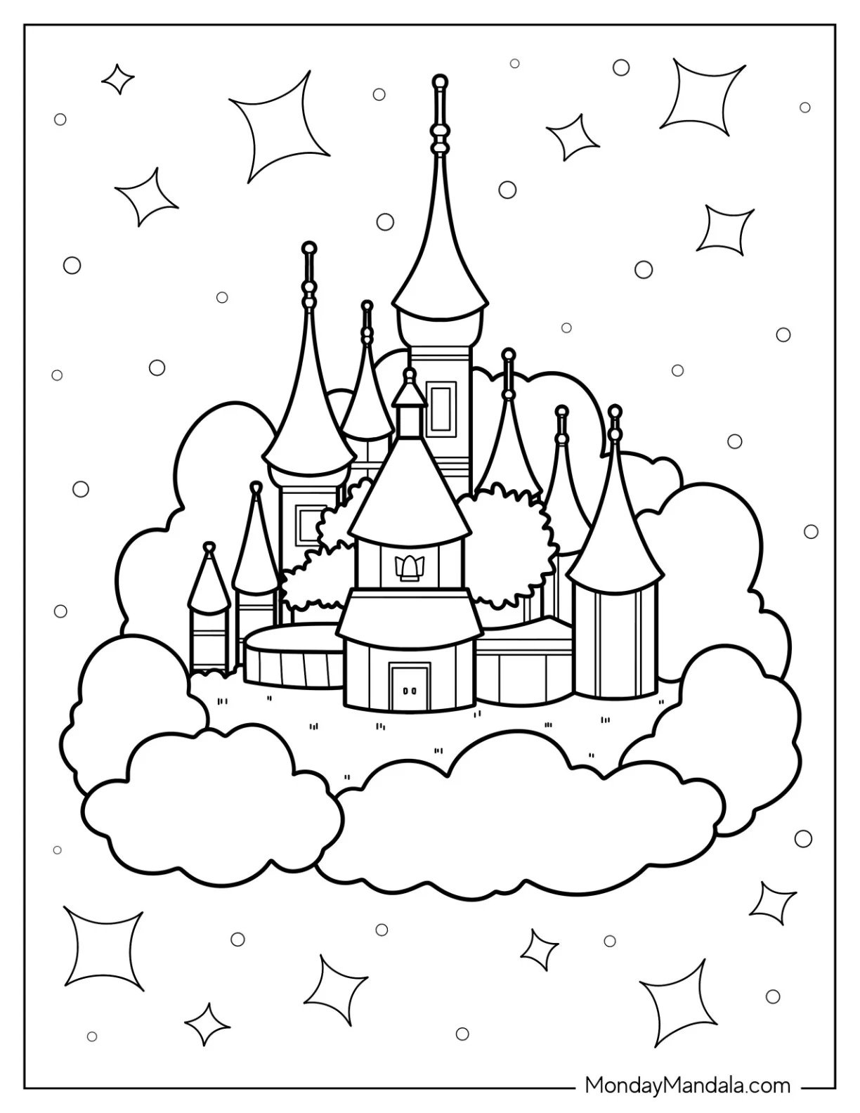Cute Castle Coloring Page In The Clouds For Kids coloring page — printable line art
