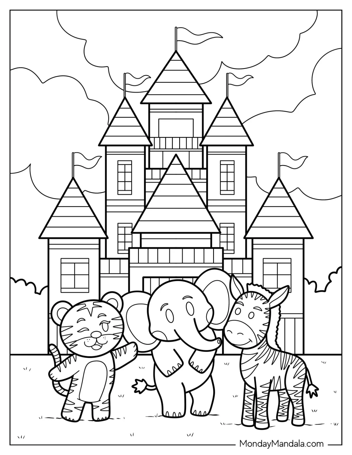 Cute Tiger, Elephant, And Zebra Outside A Castle Coloring Page For Kids coloring page — printable line art