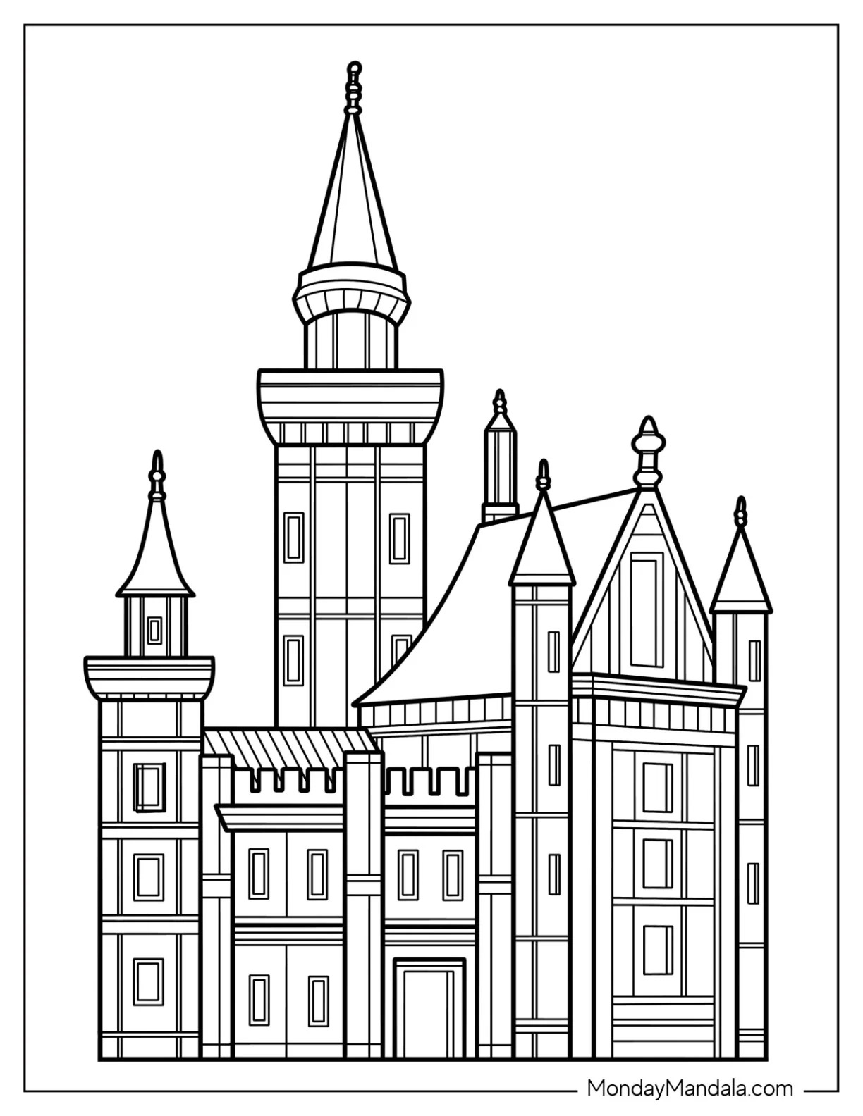Detailed Castle Coloring Page With Towers coloring page