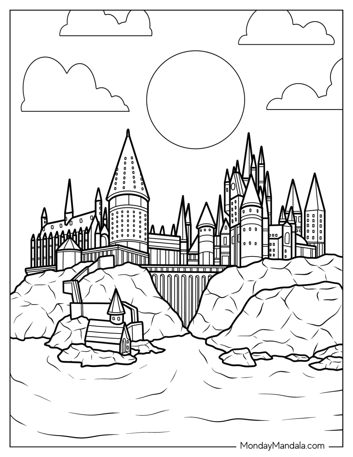 Detailed Hogwarts Castle Coloring Page coloring page — printable line art