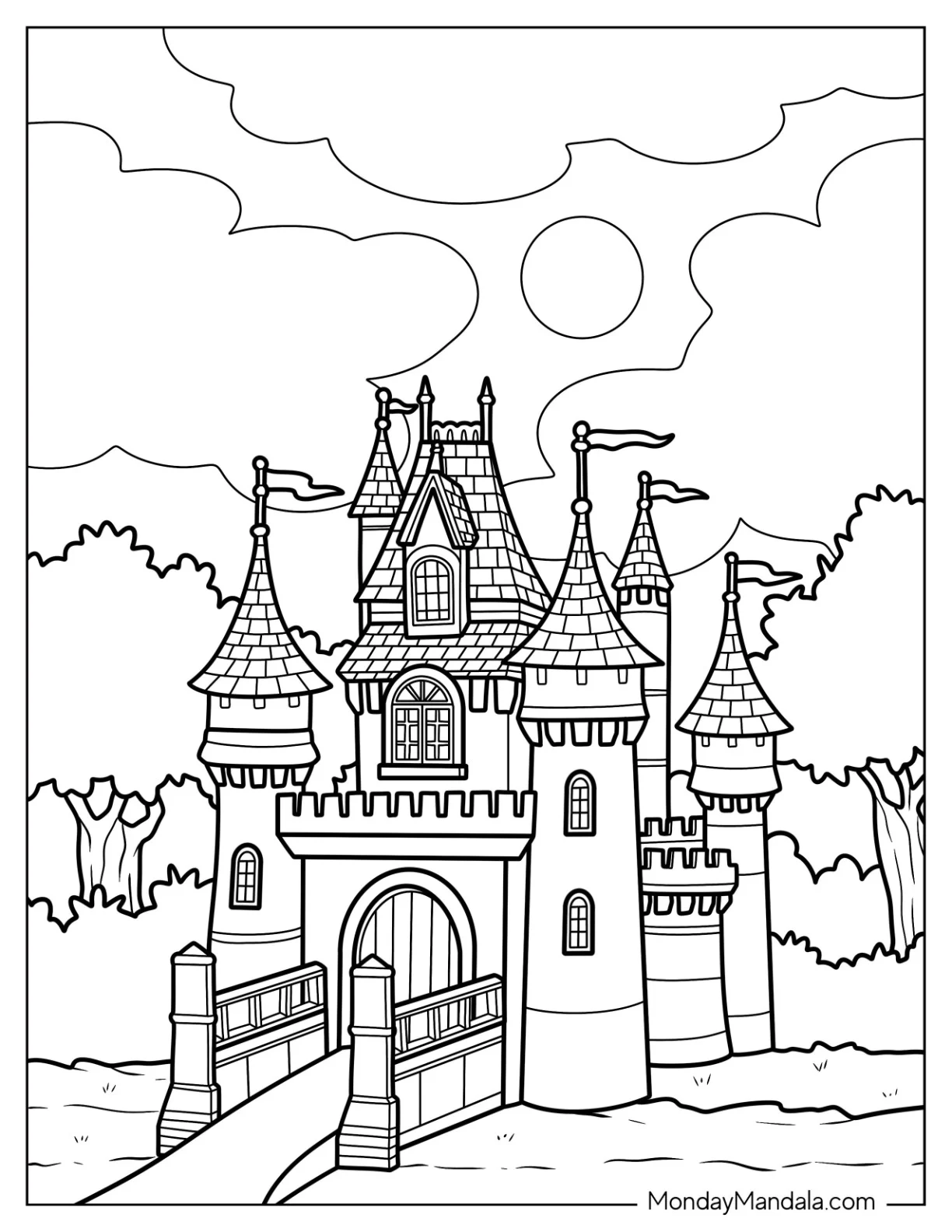 Detailed Medieval Castle Coloring Page In The Forest coloring page