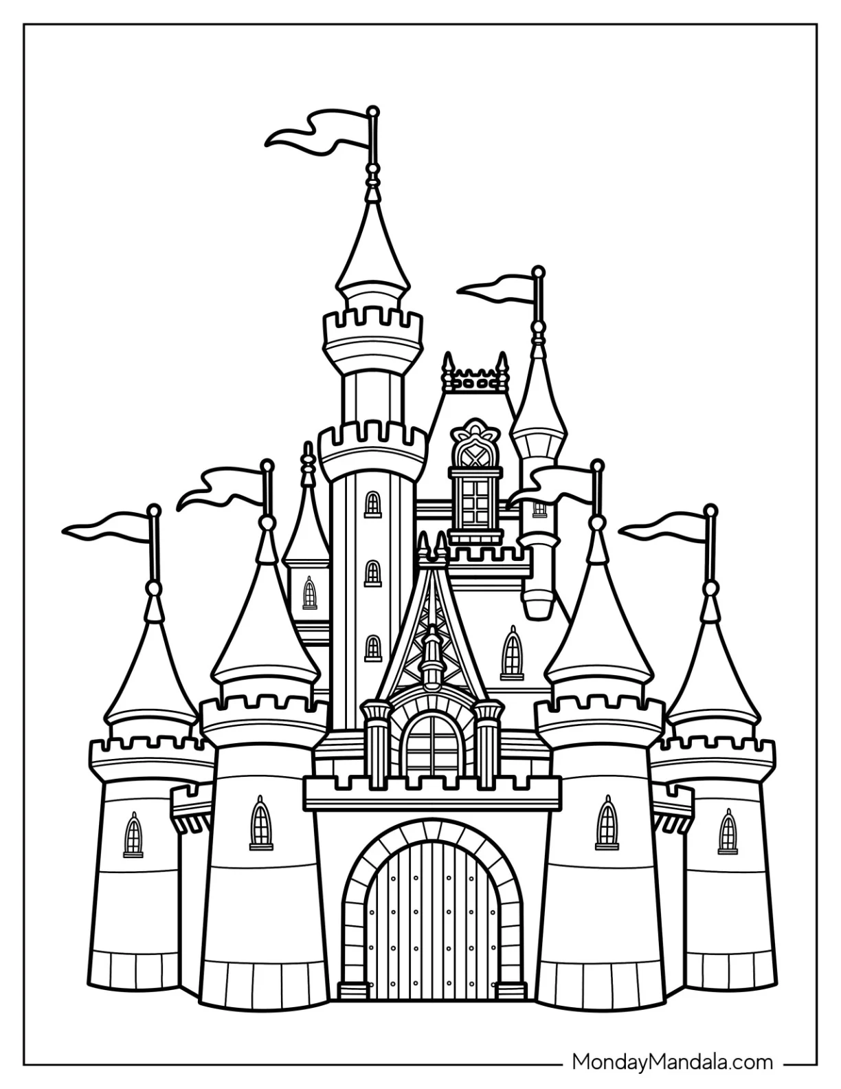 Fantasy Castle Coloring Page With Flags And Numerous Towers coloring page