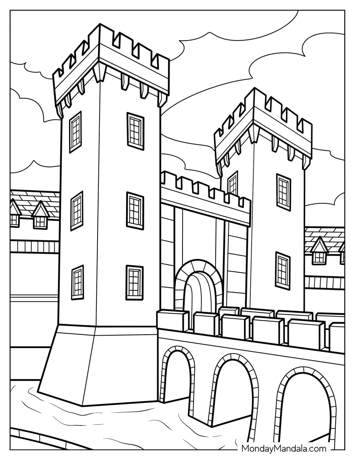 Front View Of A Castle Coloring Page With Bridge And Moat coloring page — printable line art