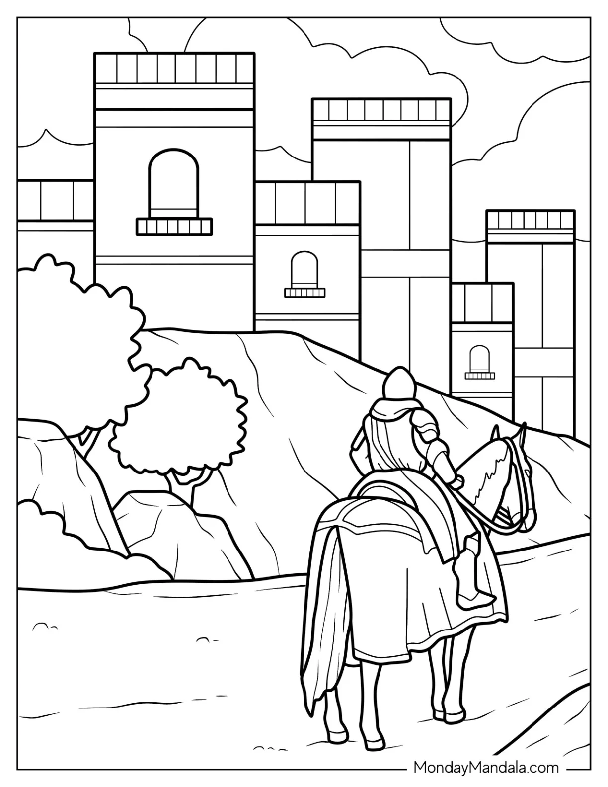 Knight On A Horse Riding To A Castle Coloring Page coloring page