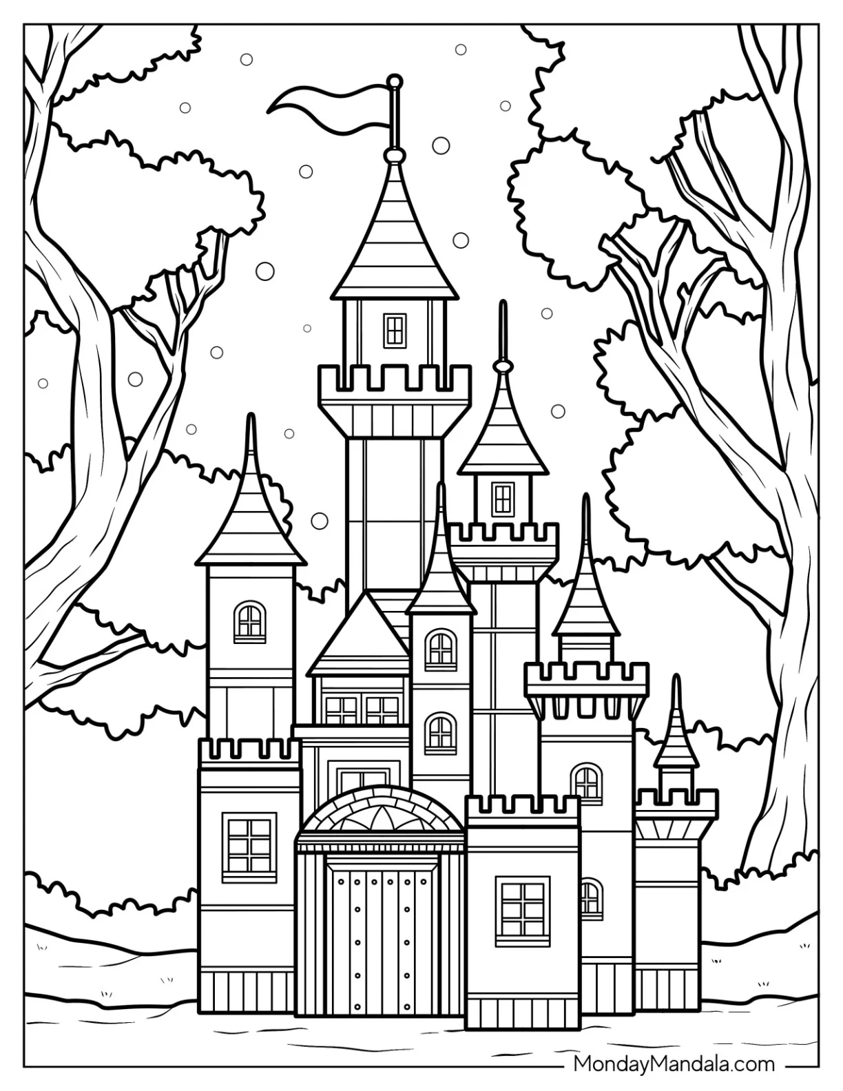 Magical Castle Coloring Page In The Forest With Starry Sky coloring page