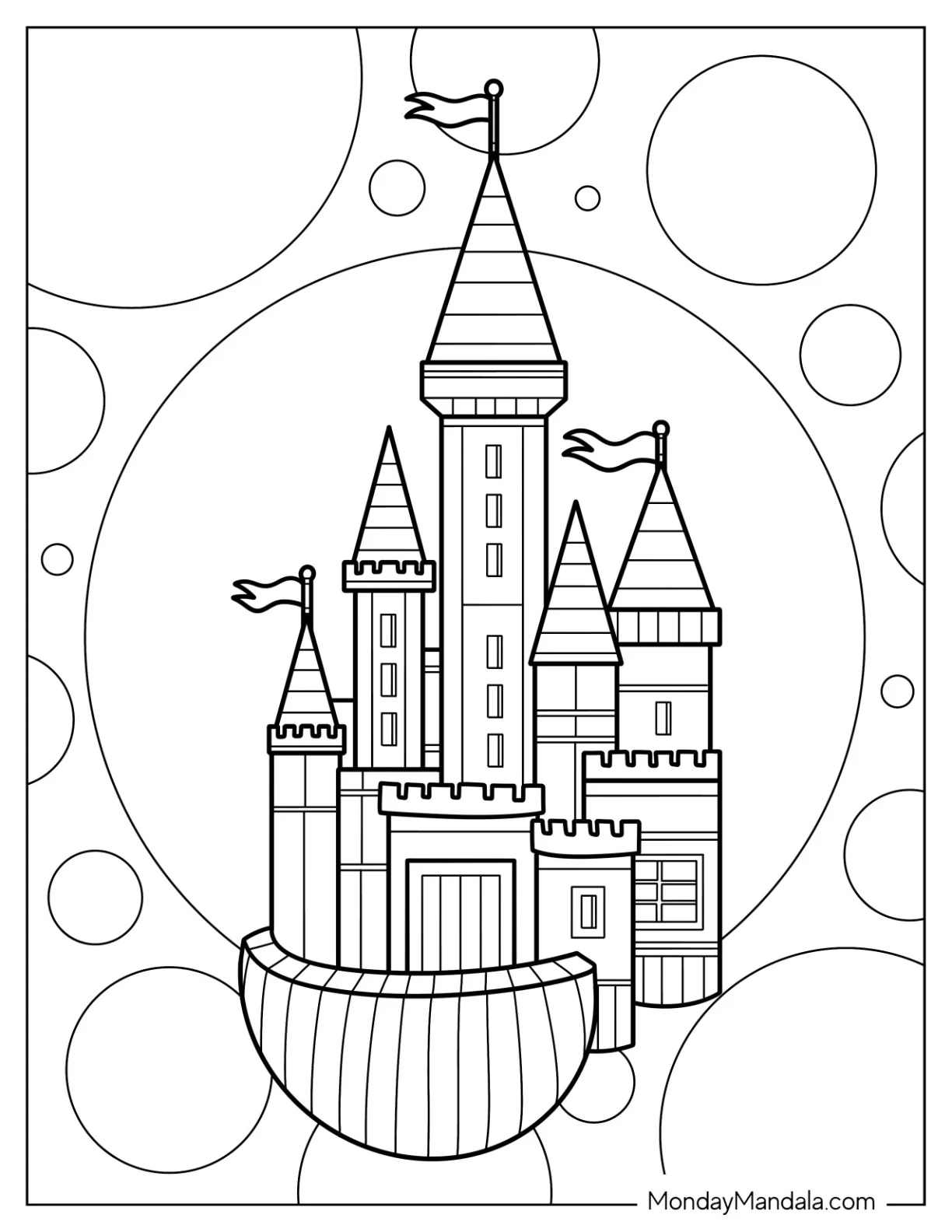 Magical Castle Coloring Page With Bubbly Background coloring page
