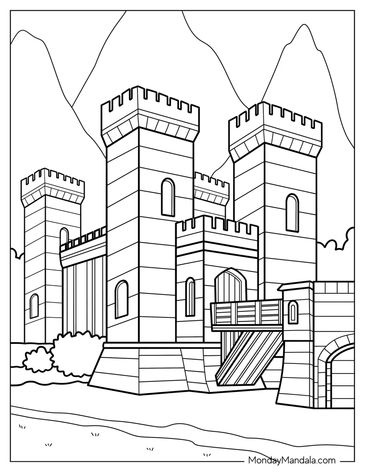 Massive Castle Coloring Page With Towers In The Corner coloring page