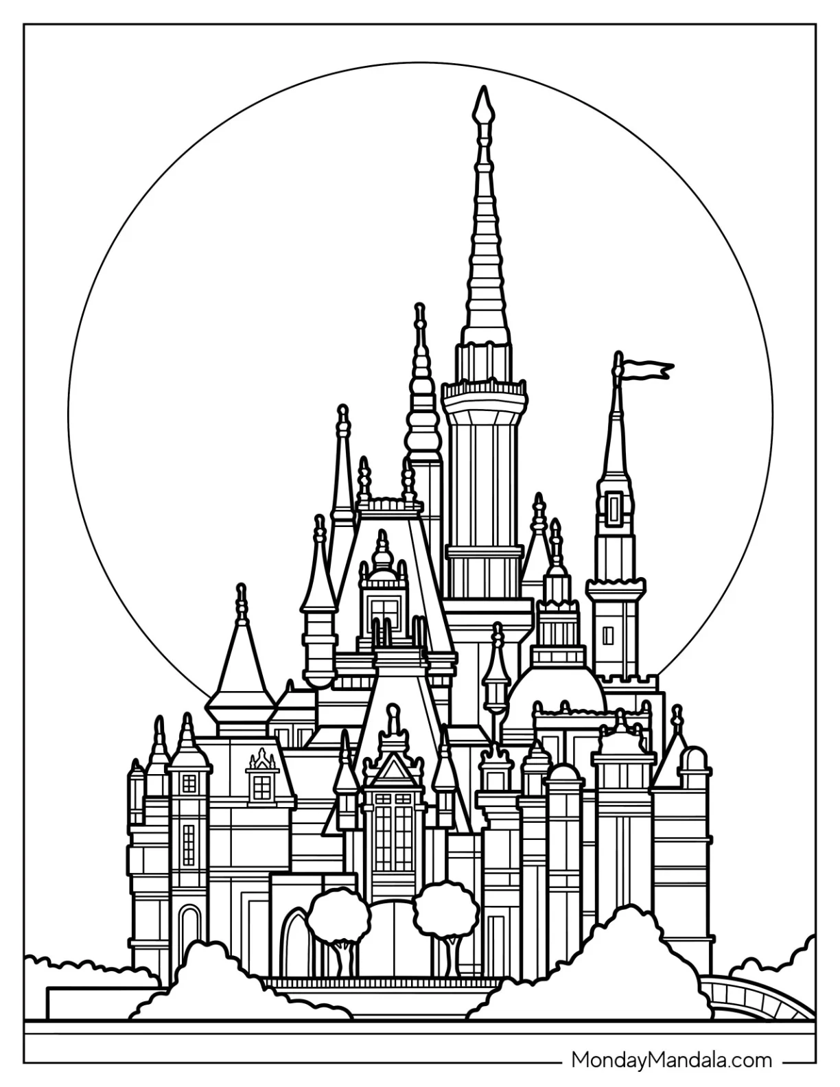 Massive Detailed Castle Coloring Page With The Sun In Background coloring page