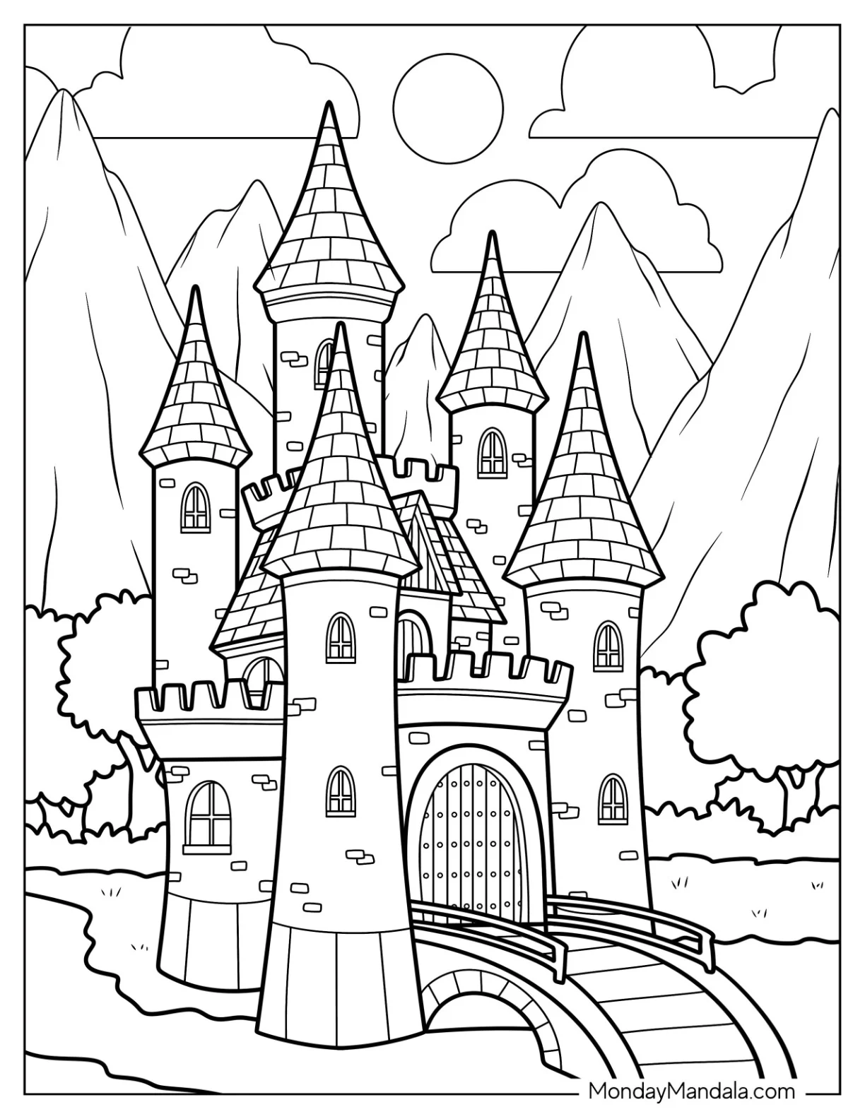 Medieval Castle Coloring Page With Moat coloring page