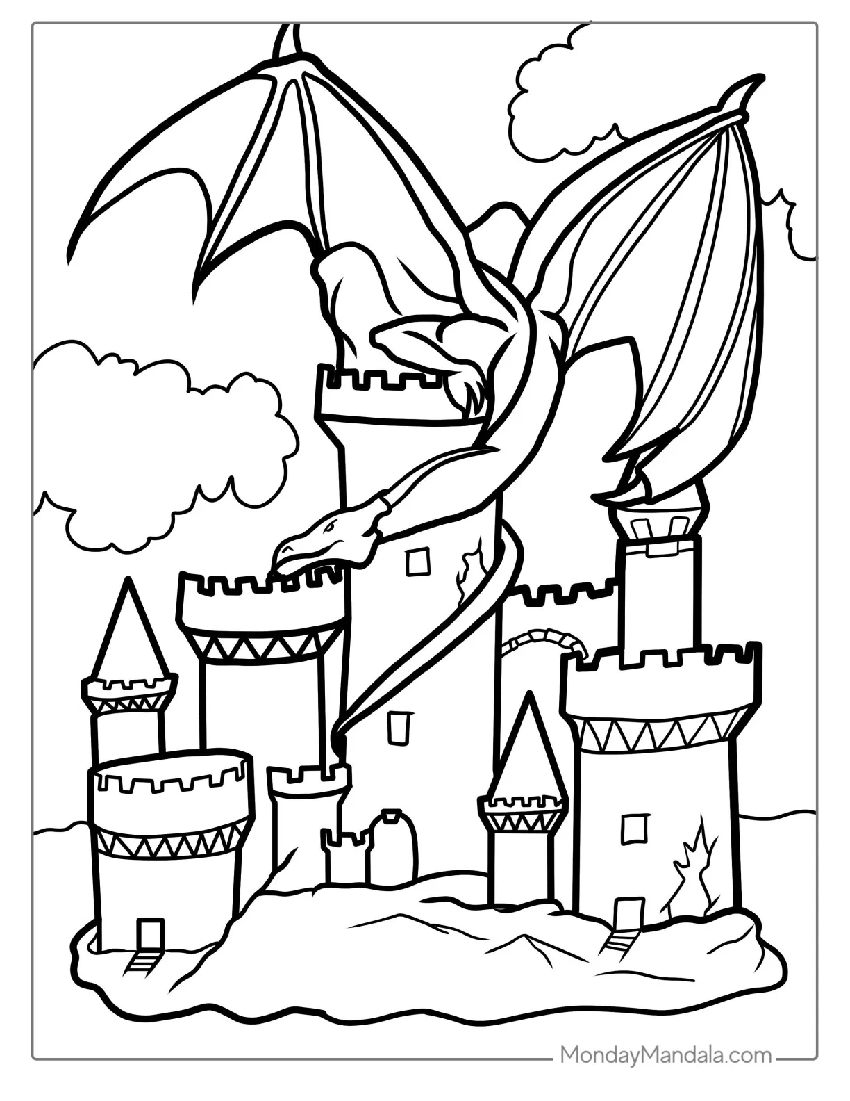 Middle Ages Castle Coloring Page With Dragon coloring page