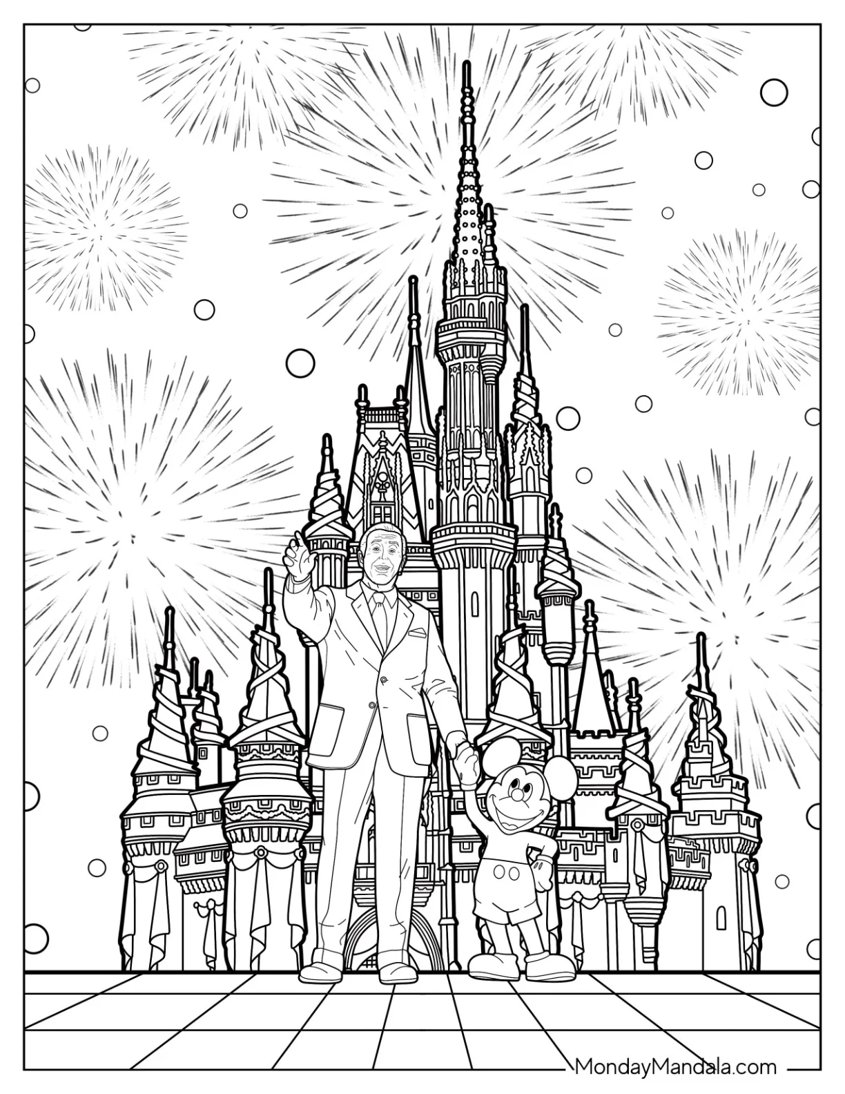 Realistic Disney World Castle Coloring Page With Walt Disney And Mickey Mouse coloring page